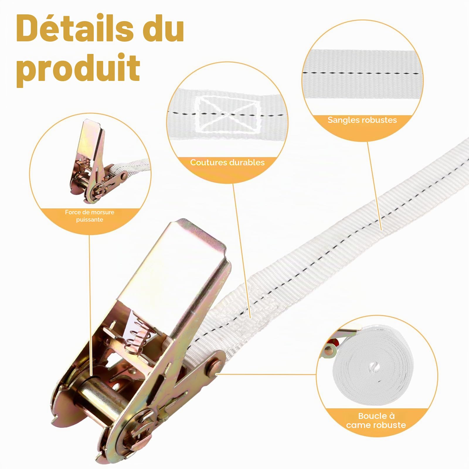 Lot de 10 sangles de serrage à cliquet, 6 m 25 mm, sangle de serrage en polyester, force de traction 800 kg, sangle de serrage blanche