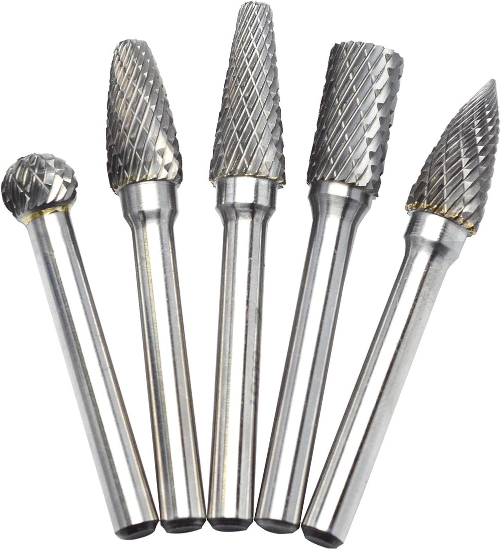 5pcs 10MM Head Tungsten Carbide Rotary Burr Set 1/4-Inch 6mm Shank Die Grinder Bits Rotary File Grinder Drill Bit for Metal Carving