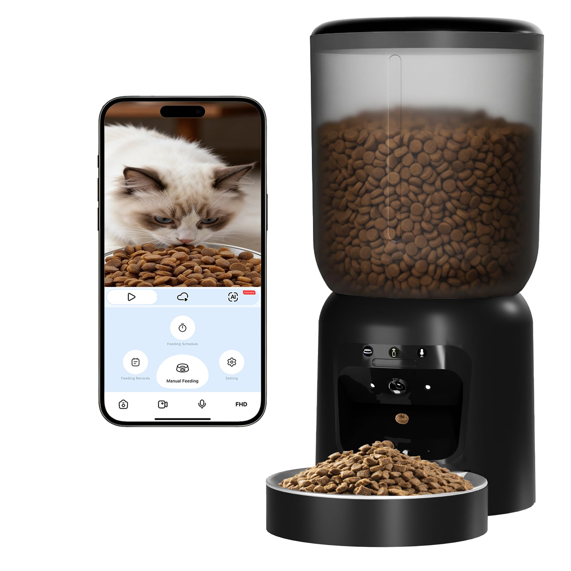 Automatic Cat Feeder with 2K Camera: Cat Food Dispenser with 6L Capacity, Container for Multiple Pet; Automatic Dog Feeder with Night Vision Support 5/2.4GHz & 2-Way Audio, Anti-Jam Design (Black)