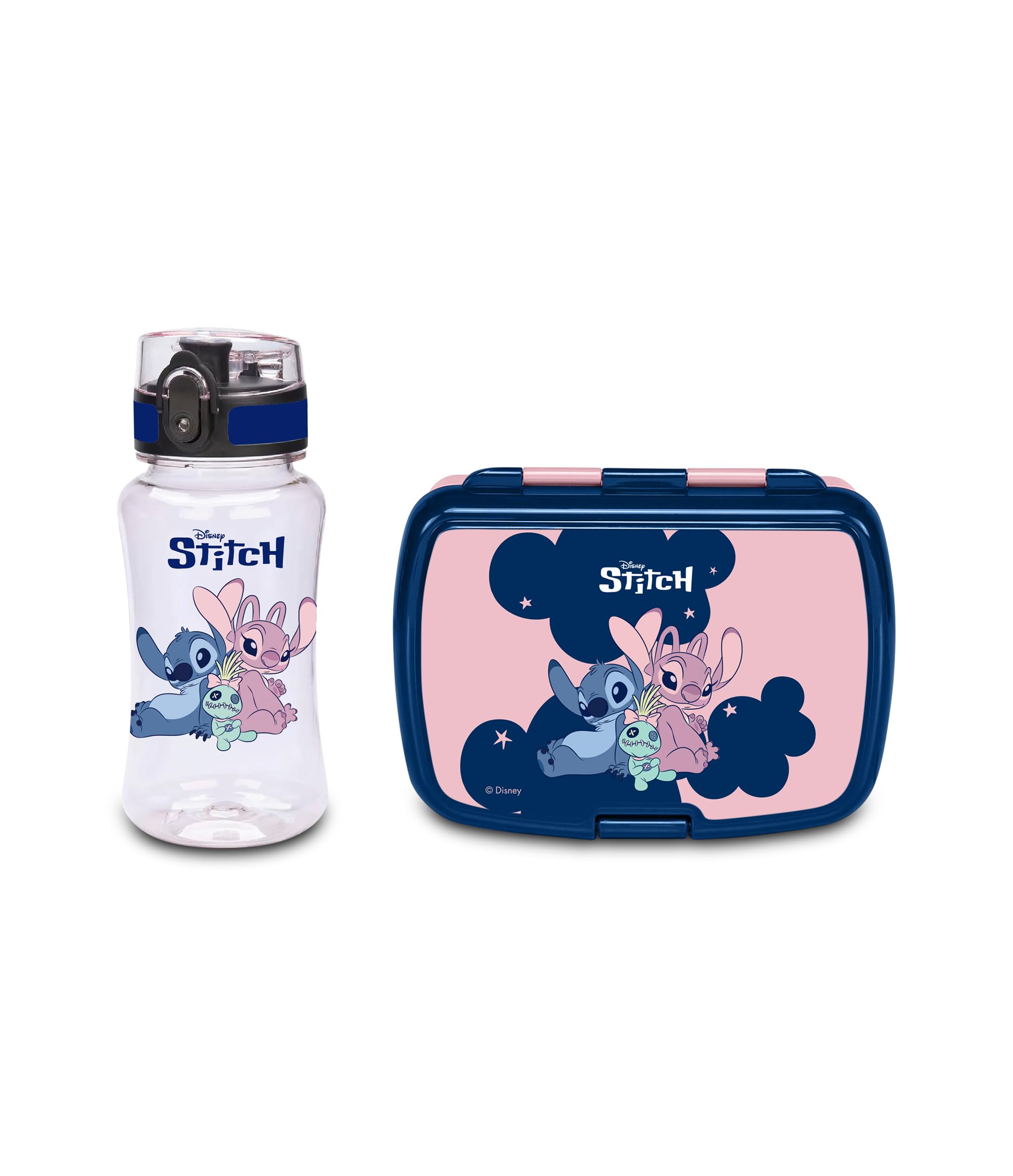 Seven LILO & Stitch Pink Lunch Box + Water Bottle Set for Children, Internal Divider, 460 ml Bottle with Airtight Lid, Official Product, Football Product, Gift Idea for Children and Adults