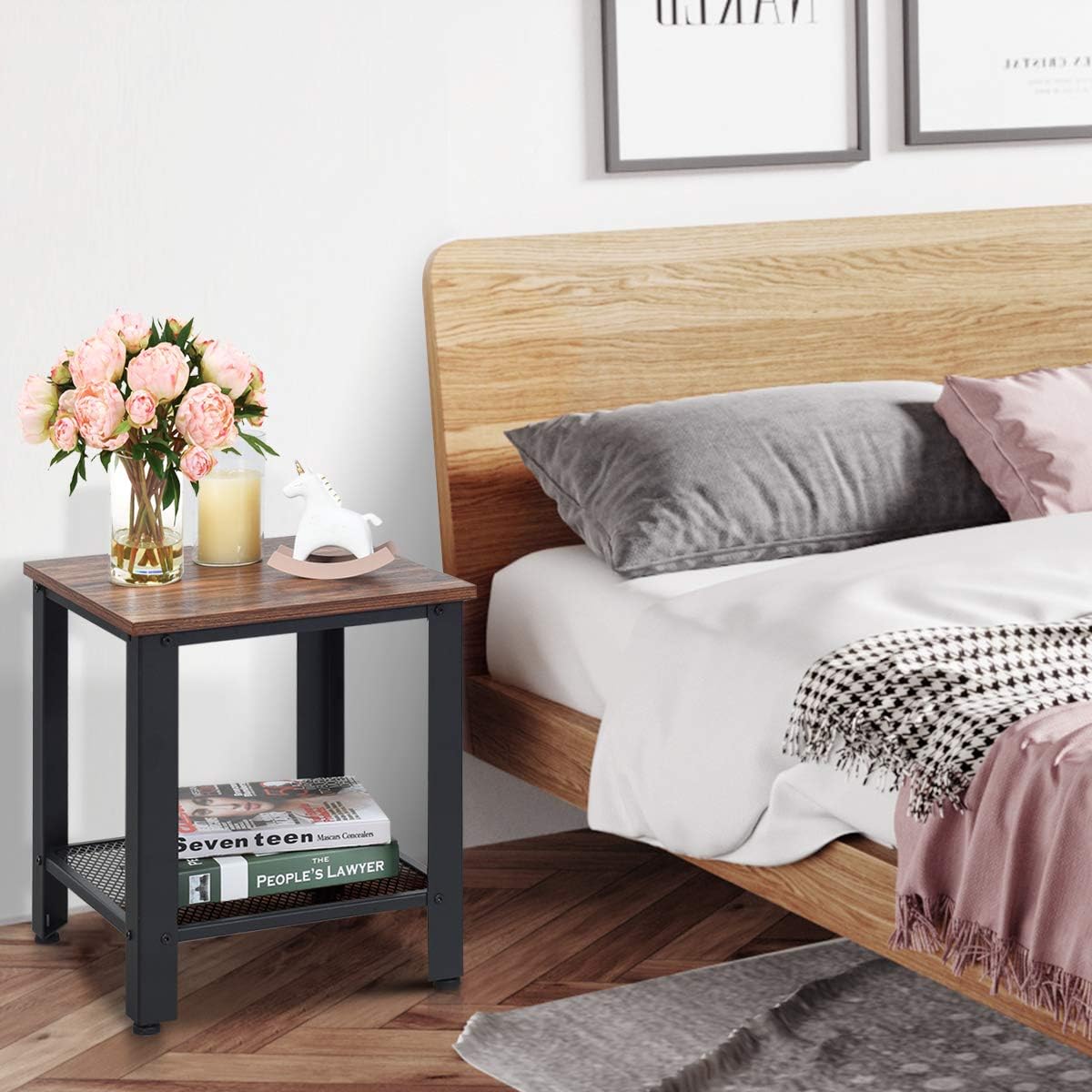 HOMGX Small Side Table, 2-Tier Home End Table with Adjustable Feet, Industrial Nightstand with Storage Shelf & Metal Frame, Vintage Style Sofa Table for Small Spaces (Black)