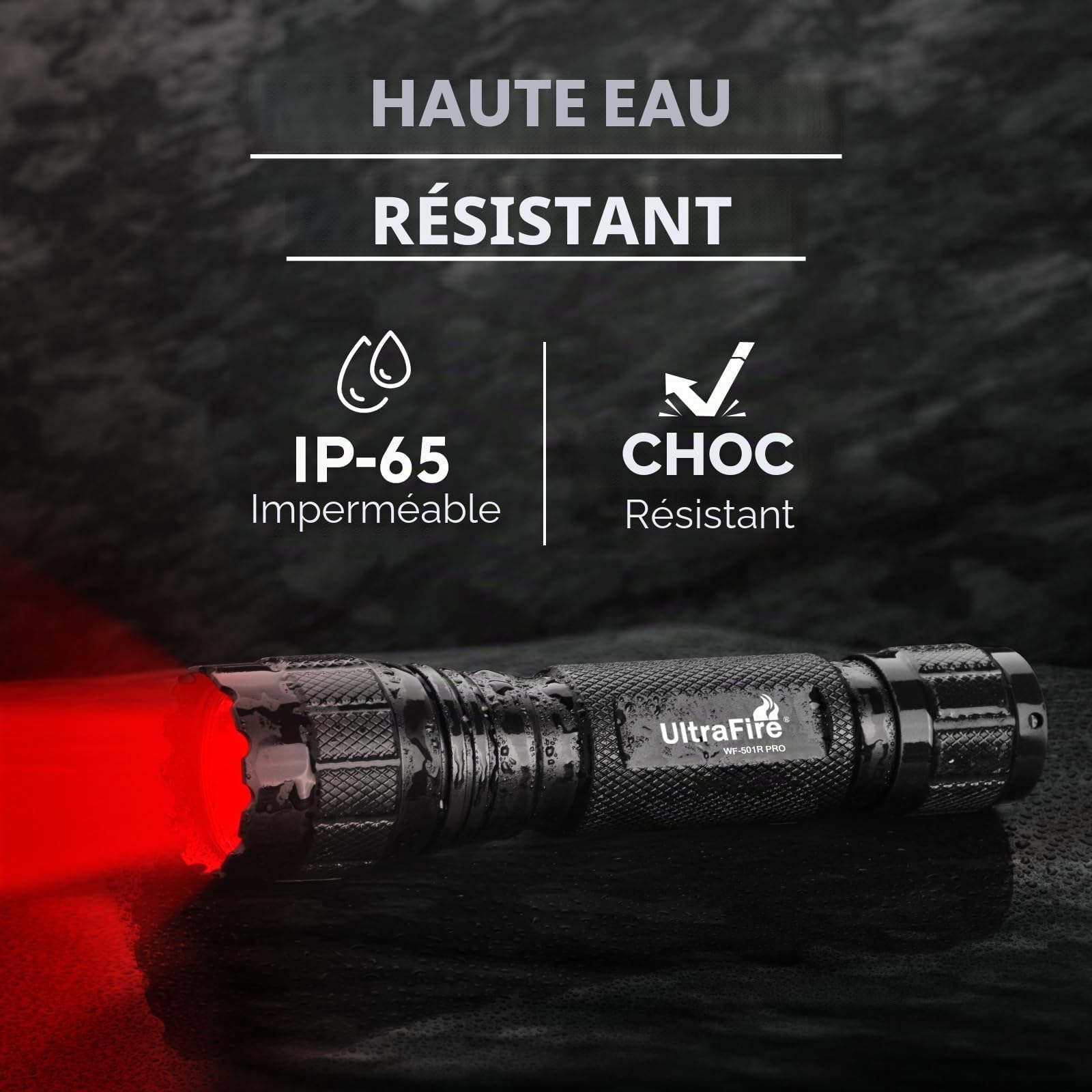 UltraFire WF-501R PRO Lampe de poche LED à lumière rouge 620-630 nm 10 W Mode unique Lumière rouge 200 m Pour chasse de nuit, observation de nuit, astrophotographie WF-501R PRO