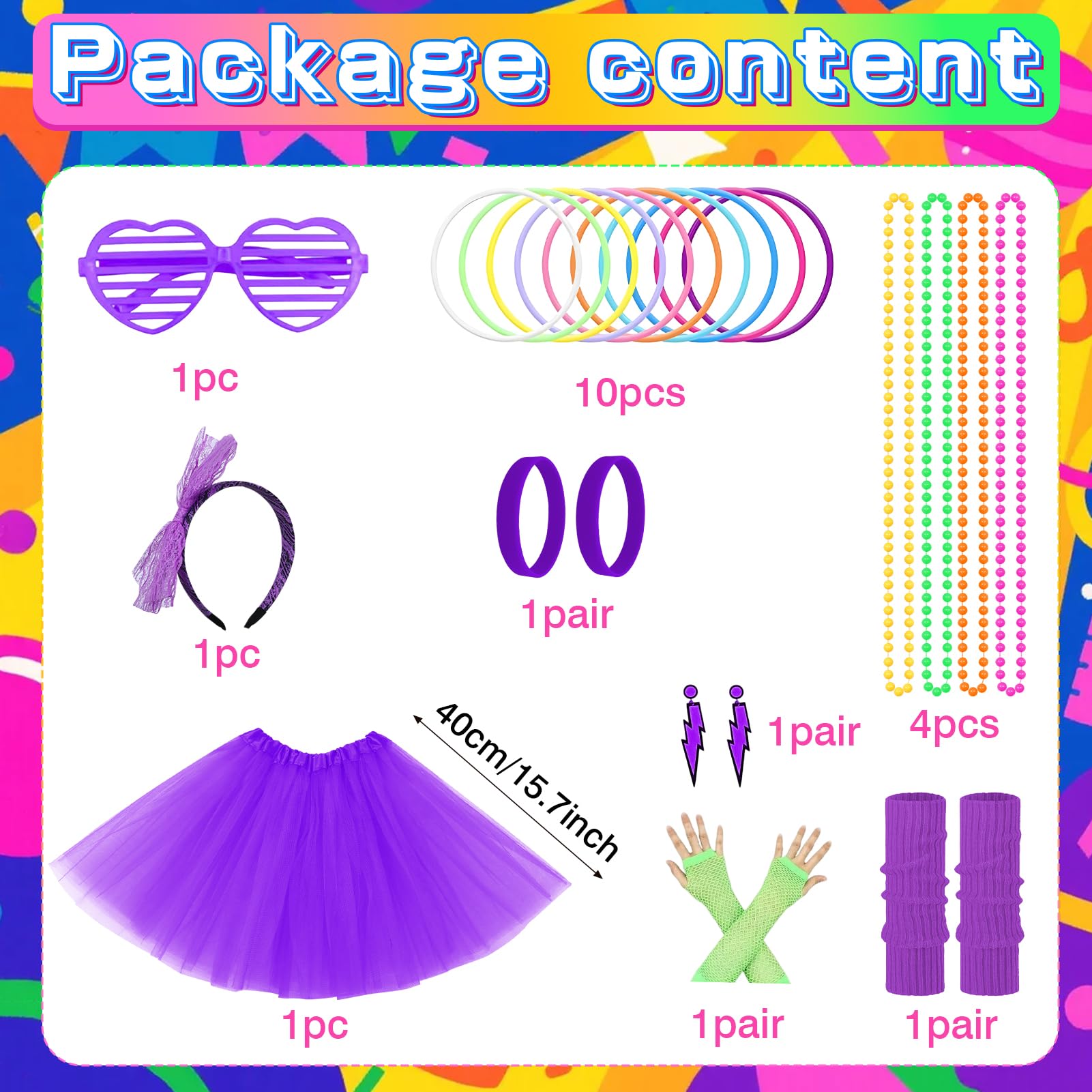 Meriviva 25 Pcs 80s Fancy Dress for Women 1980s Accessories with Neon Tutu Skirt Bracelets Necklaces Leg Warmers Fishnet Gloves Headband Glasses Earrings for 80s Party Dress Up (Purple) - Image 2