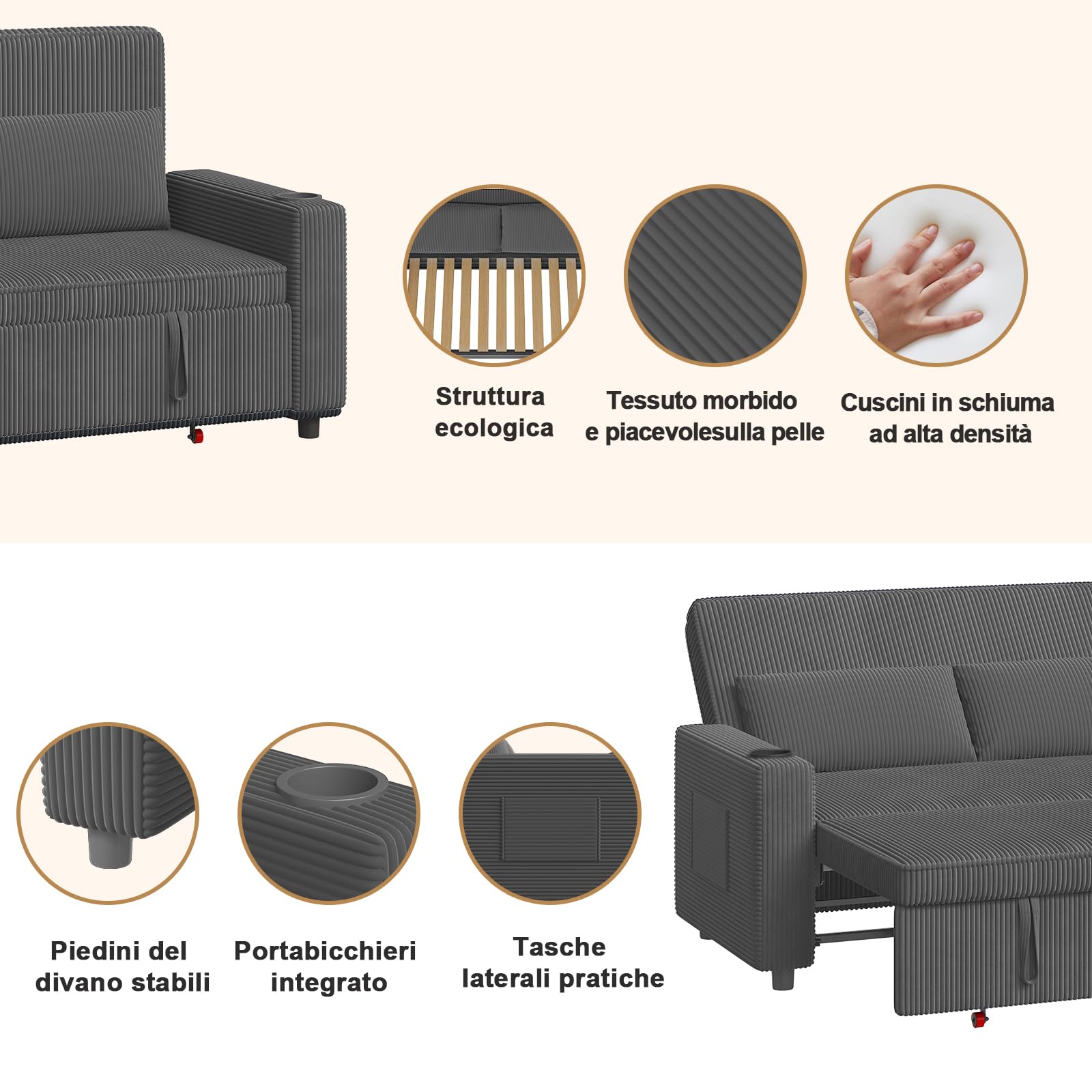 JUMMICO Divano Letto 2 Posti in Velluto Divano Matrimoniale Prontoletto Estraibile con Schienale Regolabile in 5 Posizioni per Soggiorno, Camera da Letto o Ufficio, 75P x 160L x 93H cm, Grigio