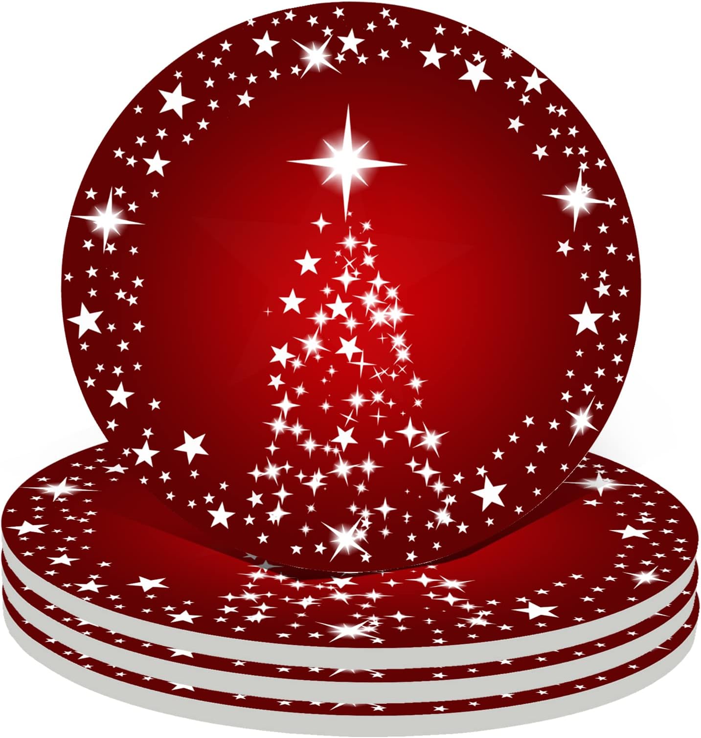 Silver Star Christmas Tree with Holiday Red Background Christmas Coasters Abs...