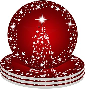 Silver Star Christmas Tree with Holiday Red Background Christmas Coasters Absorbent Ceramic Drink Coasters for Xmas Decor Soft Coasters Set of 4 Good White Elephant Gifts for Adults