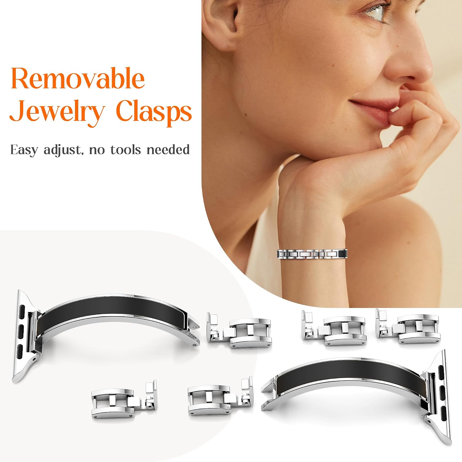 mosonio slim designer bracelet bands for apple watch women, elegant thin dressy metal band with embedded silicone accents compatible with apple watch ultra / series 11 10 9 8 7 6 5 4 se 3 2 1, easy-adjust link fancy strap for iwatch 49mm 46mm 45mm 44mm / 42mm 41mm 40mm 38mm - size varies by model silver + black 38mm 40mm 41mm 42mm(series 11/10)