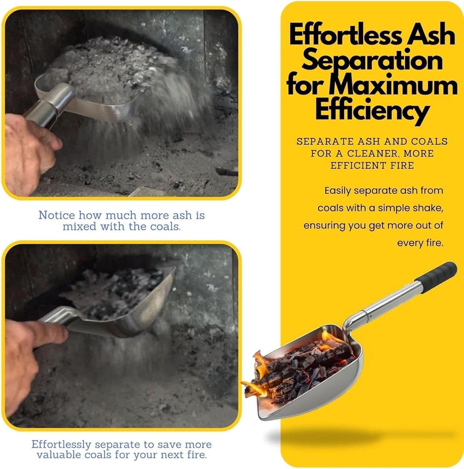Adjustable Wood Stove Ash Sifter,Hollow Out Fireplace Shovel,Fireplace Ash Sifter,Stainless Steel Coal Shovel,Heat-Resistant Metal Coal Scoop with Ergonomic Handle for Wood Stove