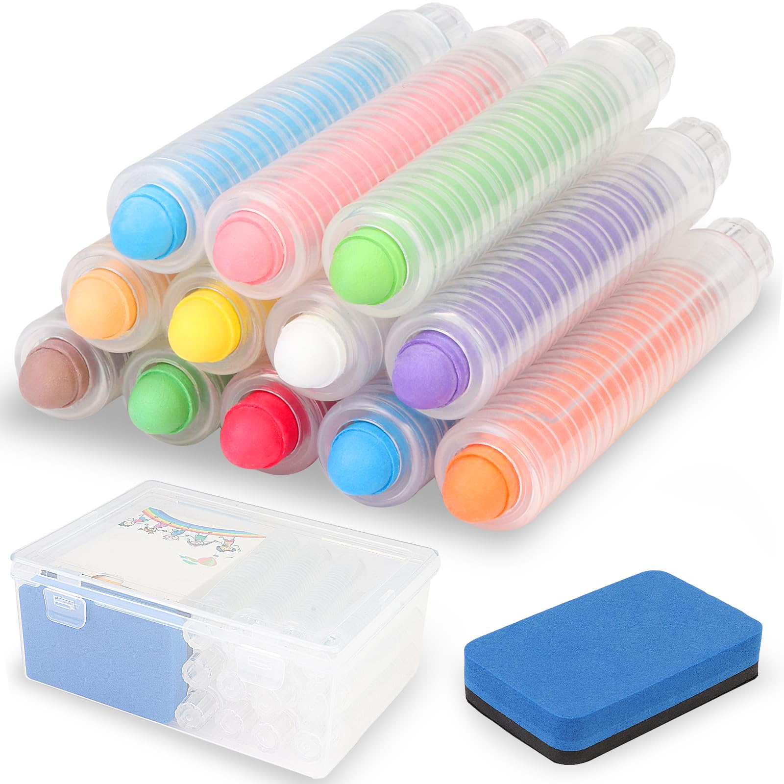24pcs Dustless Chalk for Kids, Colored Sidewalk Chalk with 12pcs Holder and 1pc Chalkboard Eraser, Washable Chalk Markers for Blackboard Toddlers Children Graffiti Drawing Writing