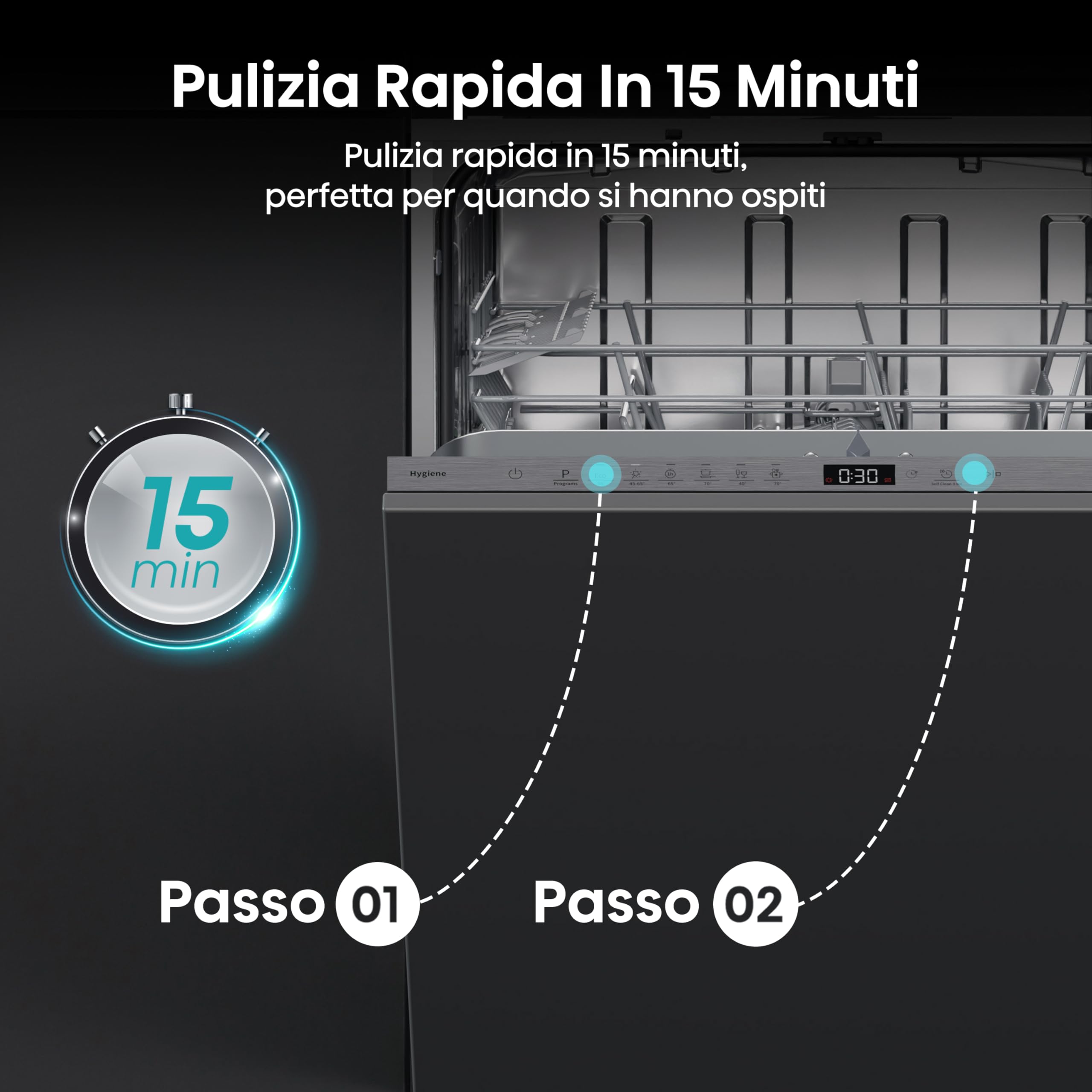 Hisense HV642D65 NUOVA Lavastoviglie da Incasso 60 cm, 14 Coperti, Apertura Porta Automatica, Cesti Flessibili, 6 Programmi, Classe Energetica D