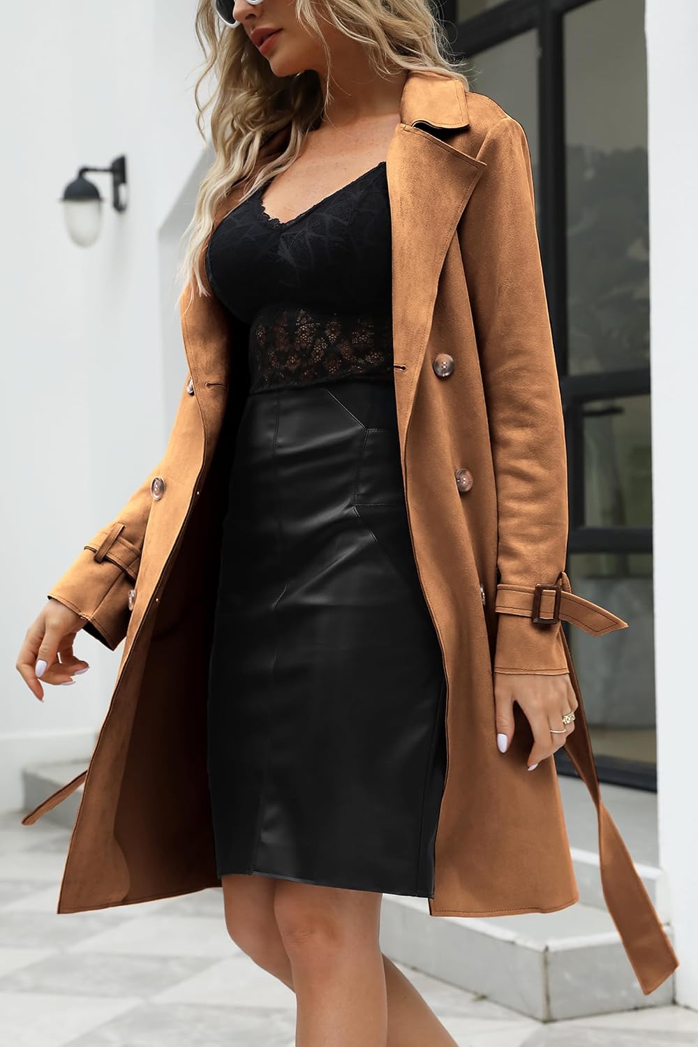 Bellivera Womens Faux Suede Leather Jacket Spring and Winter Fashion Long Trench Coat, Lightweight Windbreaker - Image 5