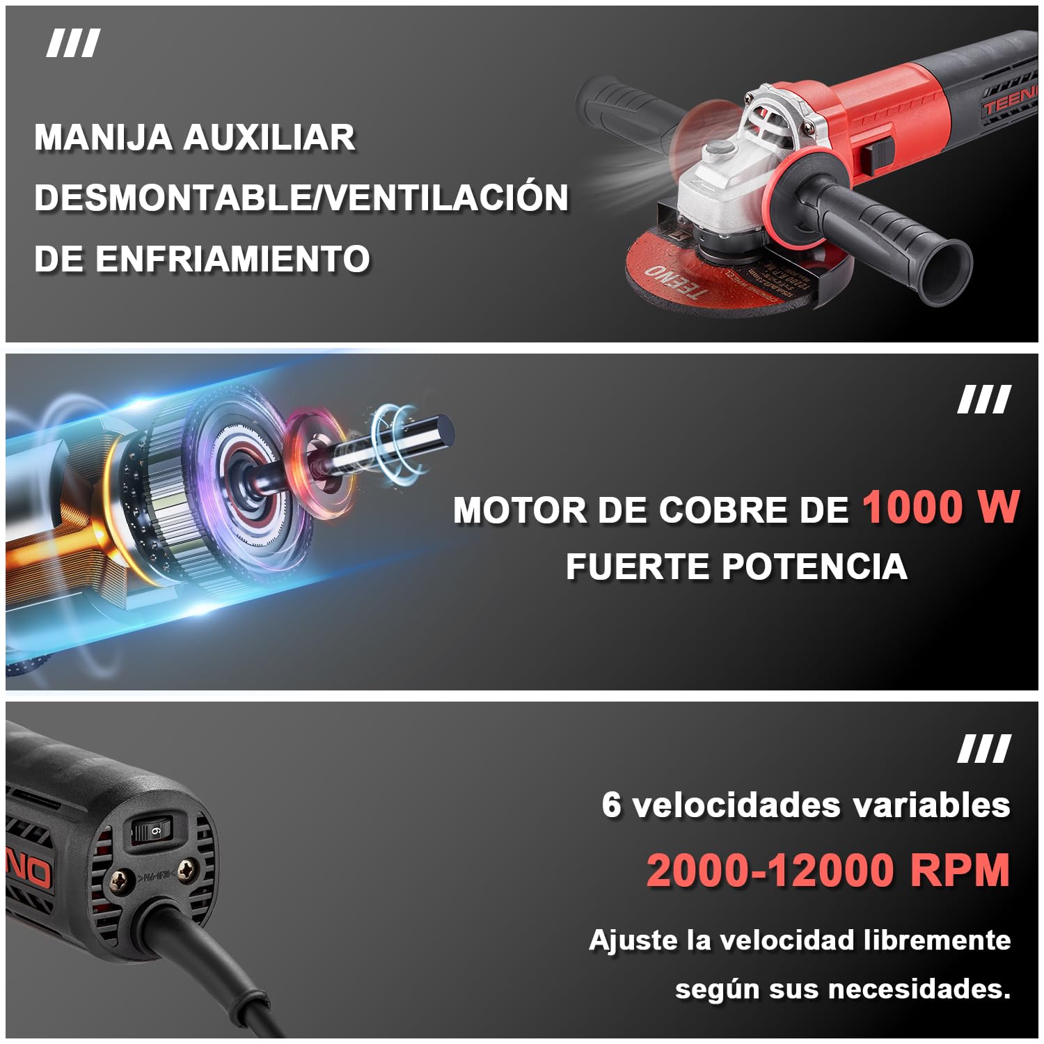 TEENO Amoladora Angular 125 MM 1000W 2000-12000 RPM Con 20 Accesorios, Radial Pequeña 125 mm, Amoladora Pequeña Para Cortar, Esmerilar y Pulir Metal, Madera, Cerámica y Piedra, Bolsa de Herramientas