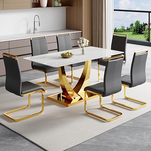 Miniatura 14 de Juego de mesa de comedor de 63 pulgadas para 4, juego de mesa de comedor dorado moderno para 4, juego de mesa de cocina de mármol sintético