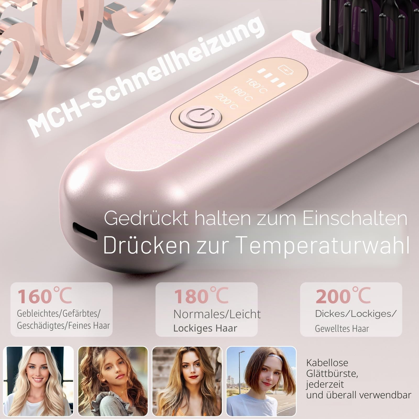 Anluomania Haarglätter Bürste, Kabellose Glättbürste, Glättungskamm 5000mAh, Tragbare Glättungsbürste für Reise 160-200℃, Negative Ionen Haarglätter Stylingbürste, Mini Glätteisen für Haarstyling