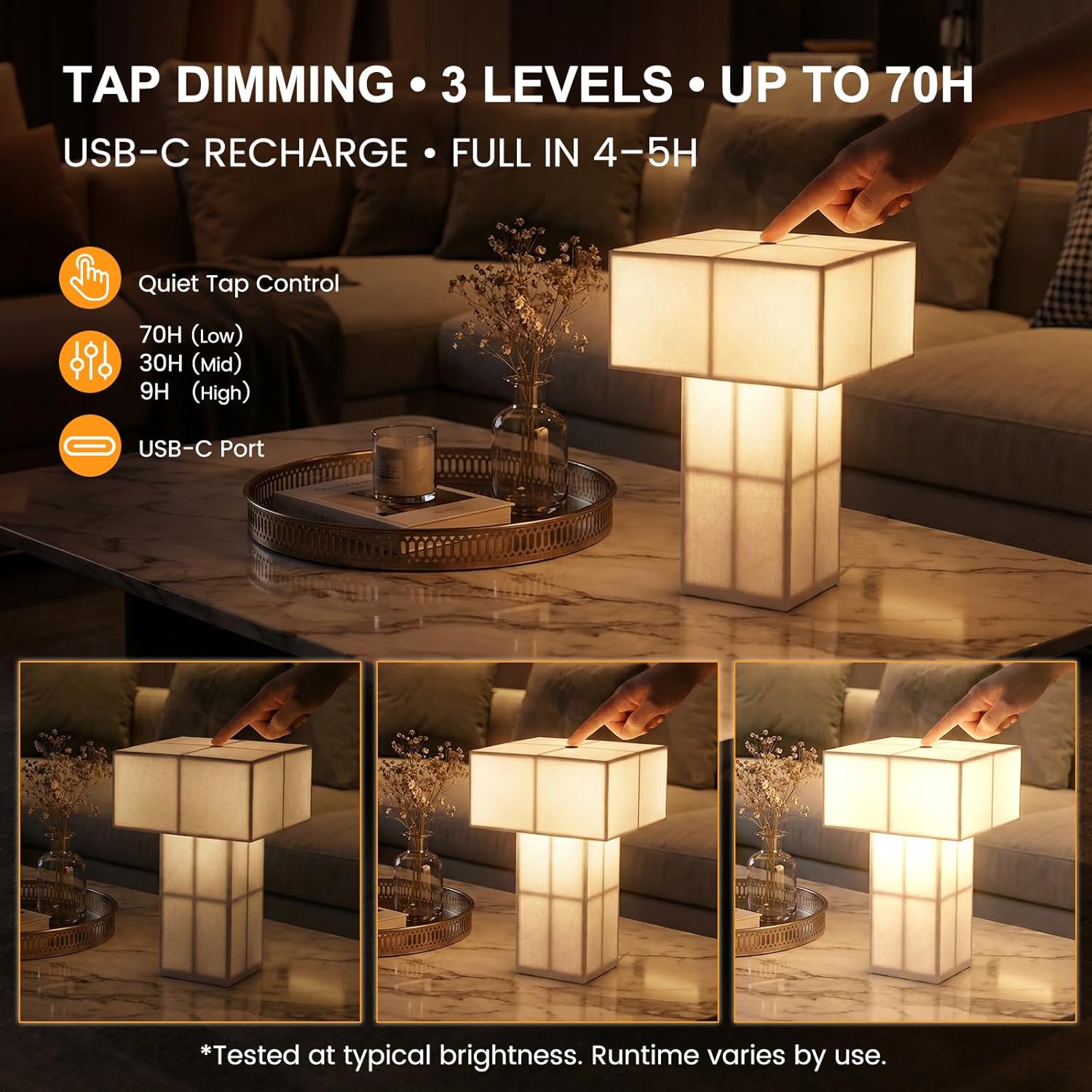 Cordless Decorative Table Lamp, Touch Dimmable Bedside Lamp with Handcrafted Fiber Shade, USB-C Rechargeable Lamp for Bedroom, Nightstand, Living Room, Small Spaces