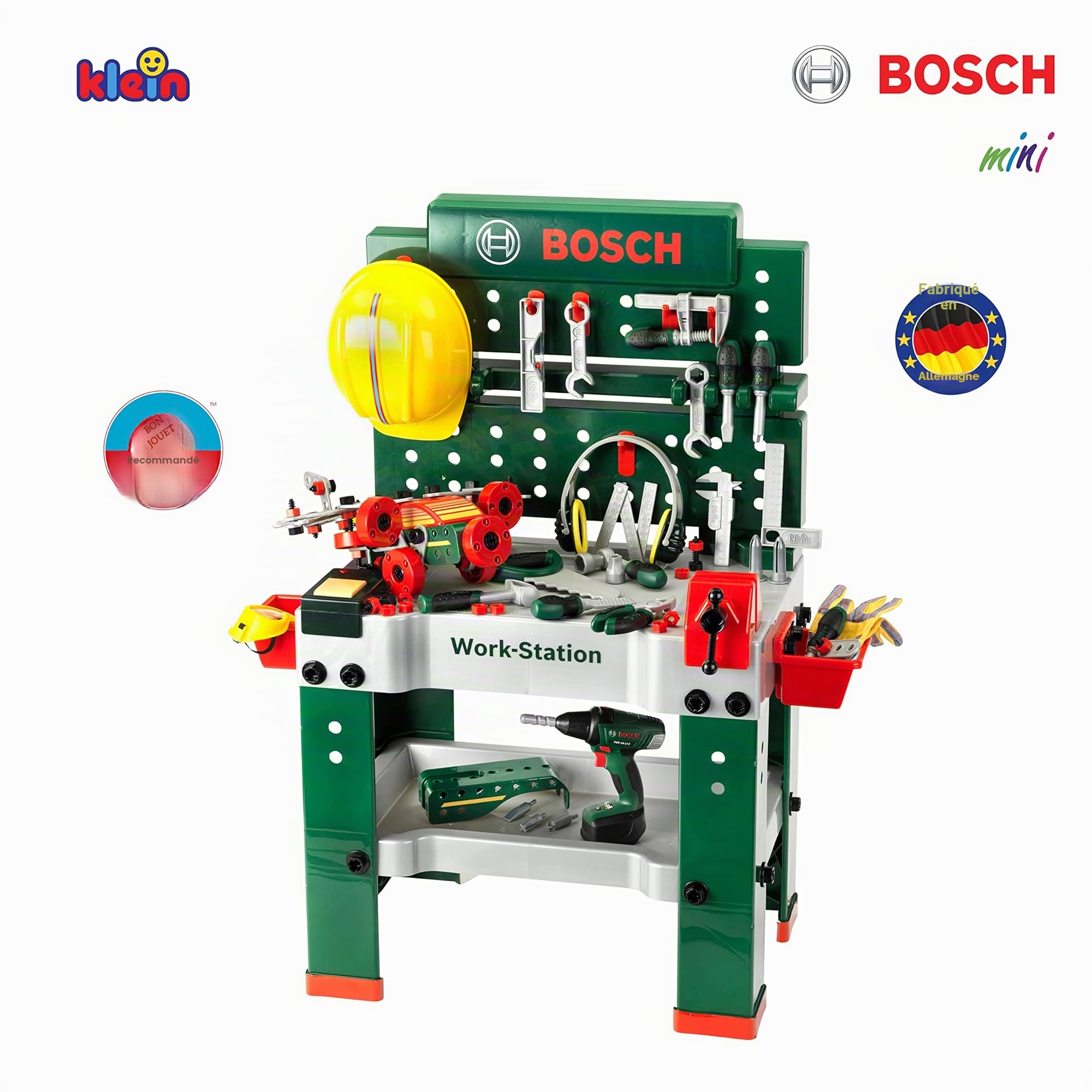 Klein 8485 Etabli Bosch N° 1 | Avec 150 pièces différentes | Visseuse électronique, set de construction, ponçeuse et beaucoup d’autres accessoires | Dimensions : 62 cm x 42 cm x 100 cm | Dès 3 ans