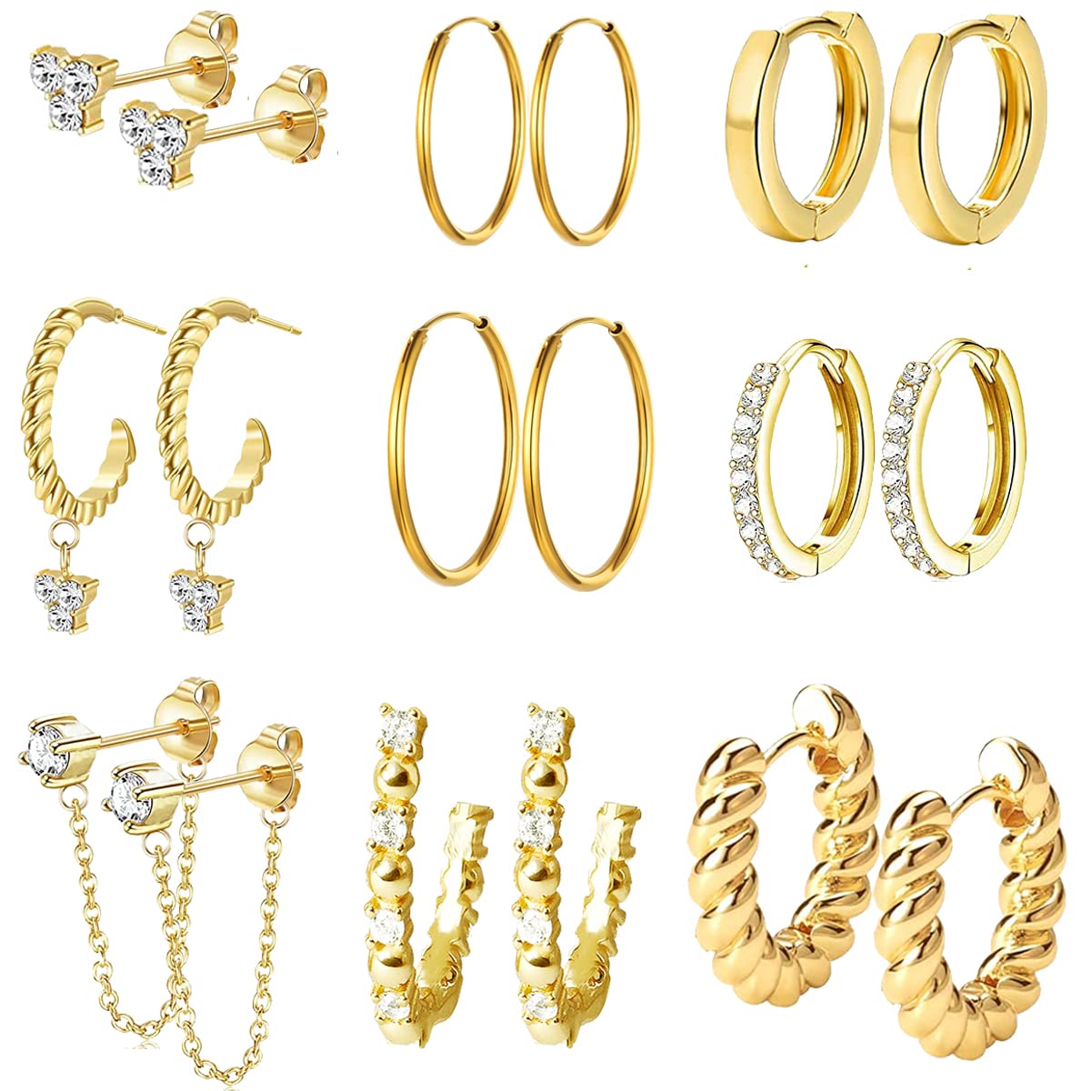 SPINEXGold Hoop Earrings for Women 9 Pairs Hypoallergenic Open Chunky Dangle Huggie Hoop Earring Set with CZ Diamond for Birthday Party Christmas Jewelry Gift