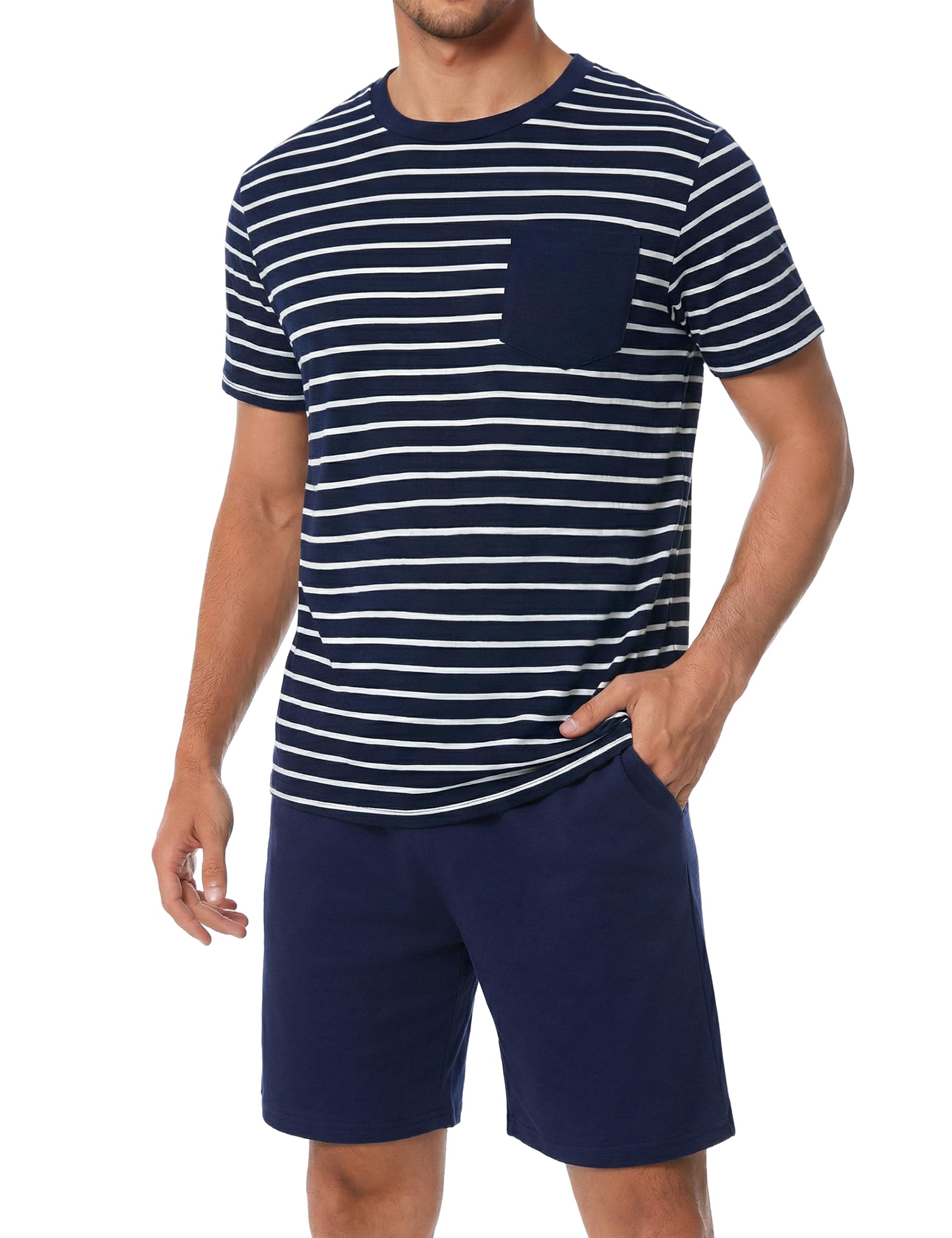 Bresdk Schlafanzug Herren Kurz Baumwolle Sommer Zweiteiler Pyjama Set mit Kontraststreifen Nachtwäsche Kurzarm für Männer S-3XL