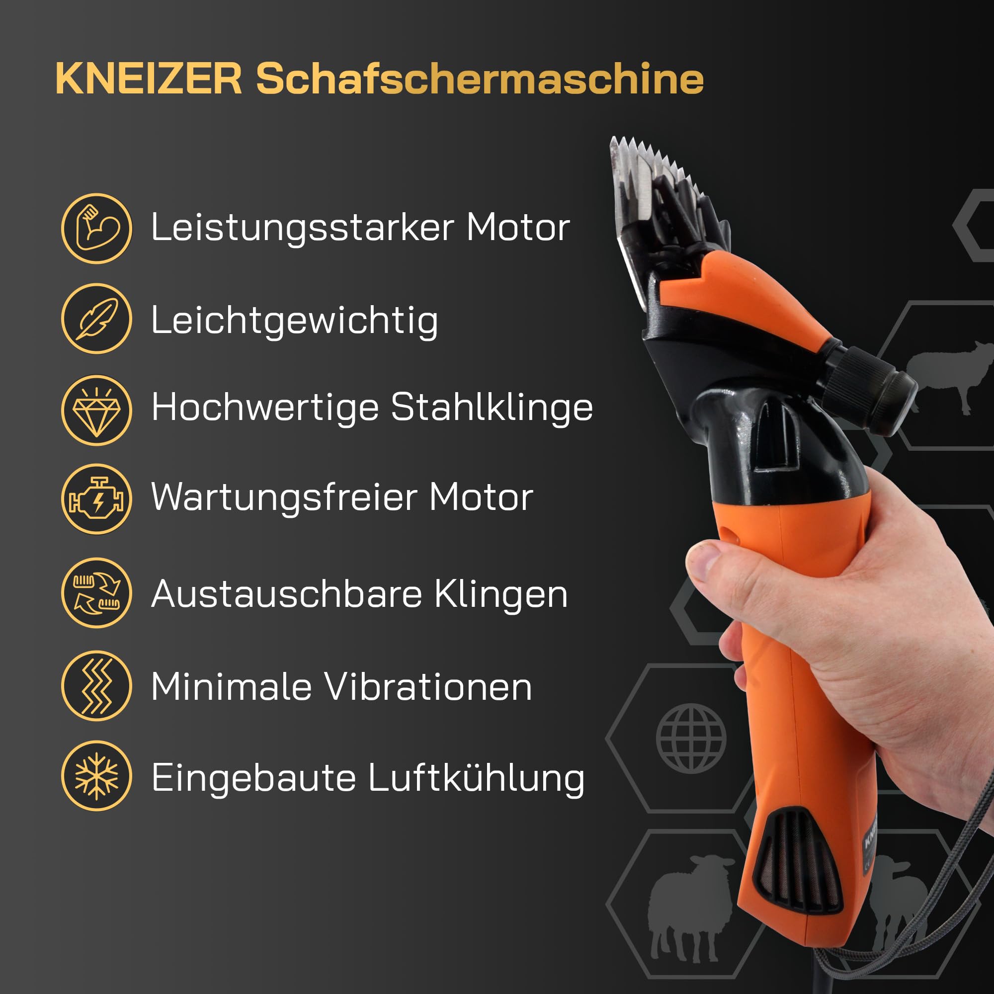 Elektrische Schafschermaschine - Geeignet für alle Schafrassen und Fellarten - Mit austauschbaren Klingen - Leistungsstarker Motor - Vibrationsarm und geräuscharm - Wartungsfrei