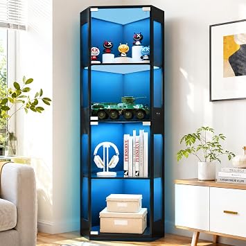 Display Cabinet with Glass Doors, 65" 4-Tier Corner Display Cabinet with 3 Color LED Lights & Human Body Sensor Glass Cabinet Display Case with Adjustable Shelves for Collections, Game Room