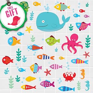 Ocean Fish Wall Decals – Sea Whale Turtle Tropical Creatures Bathroom Stickers - Cartoon Decorative Bathroom Wall Decal for Kids [>50 Art Decals]