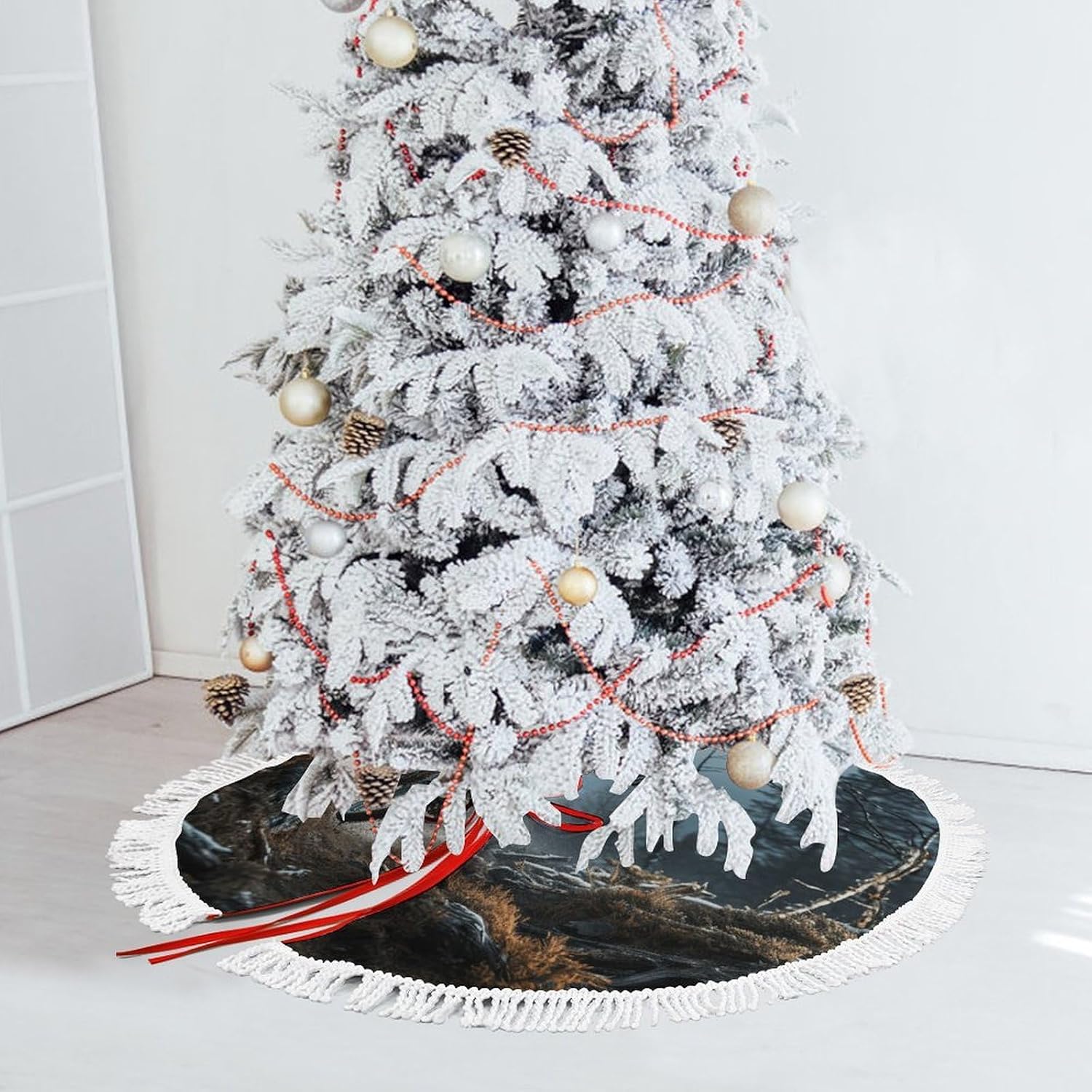 Christmas Tree Skirt with Tassel Mountain Bike Tournament Xmas Tree Mat Christmas Decorations Xmas Trees Skirt for Holiday Party Home Decor Ornaments Indoor Outdoor Decor