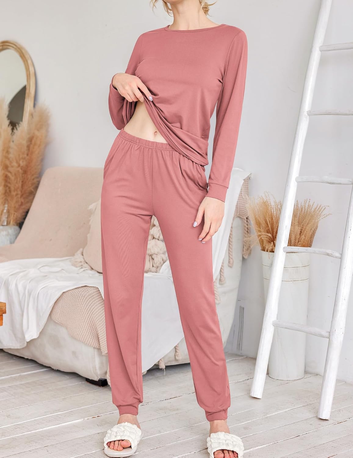 Ekouaer 2 Pack Pajama Sets for Women,Long Sleeve Top With Jogger Pants Lounge Set Sleepwear with Pockets - Image 2