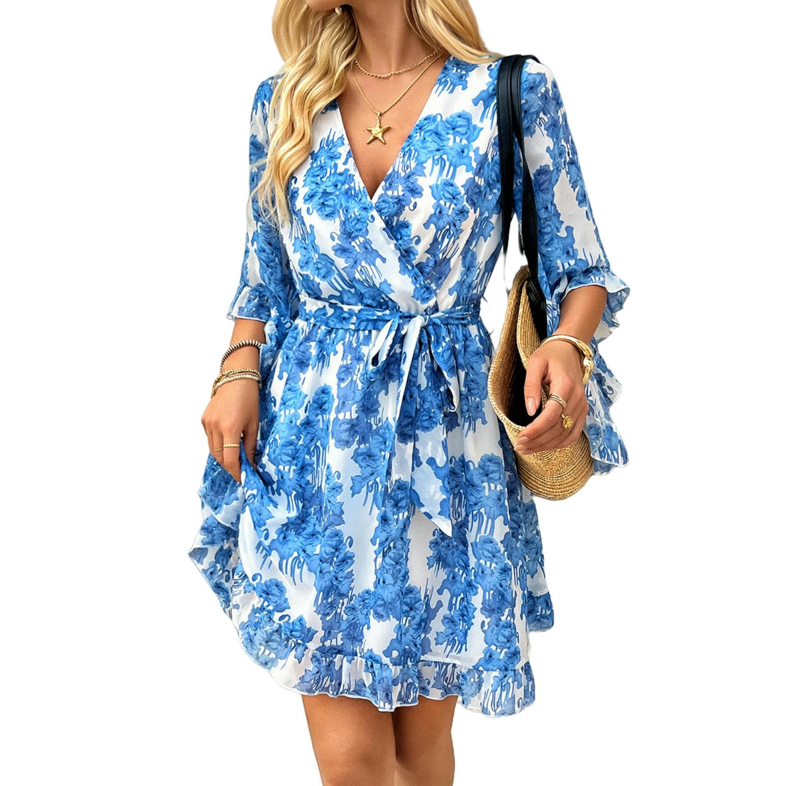Robe Femme D'été pour Femmes en V-col-Fleurs Bleues sur Fond Blanc-m