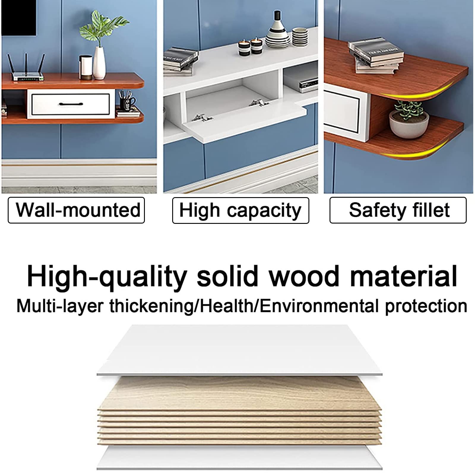Mensola TV sospesa, Supporto TV sospeso a Parete con cassetto - Elegante mensola da Appendere al Muro per Console Audio/Video, Console di Gioco, decoder e Router.