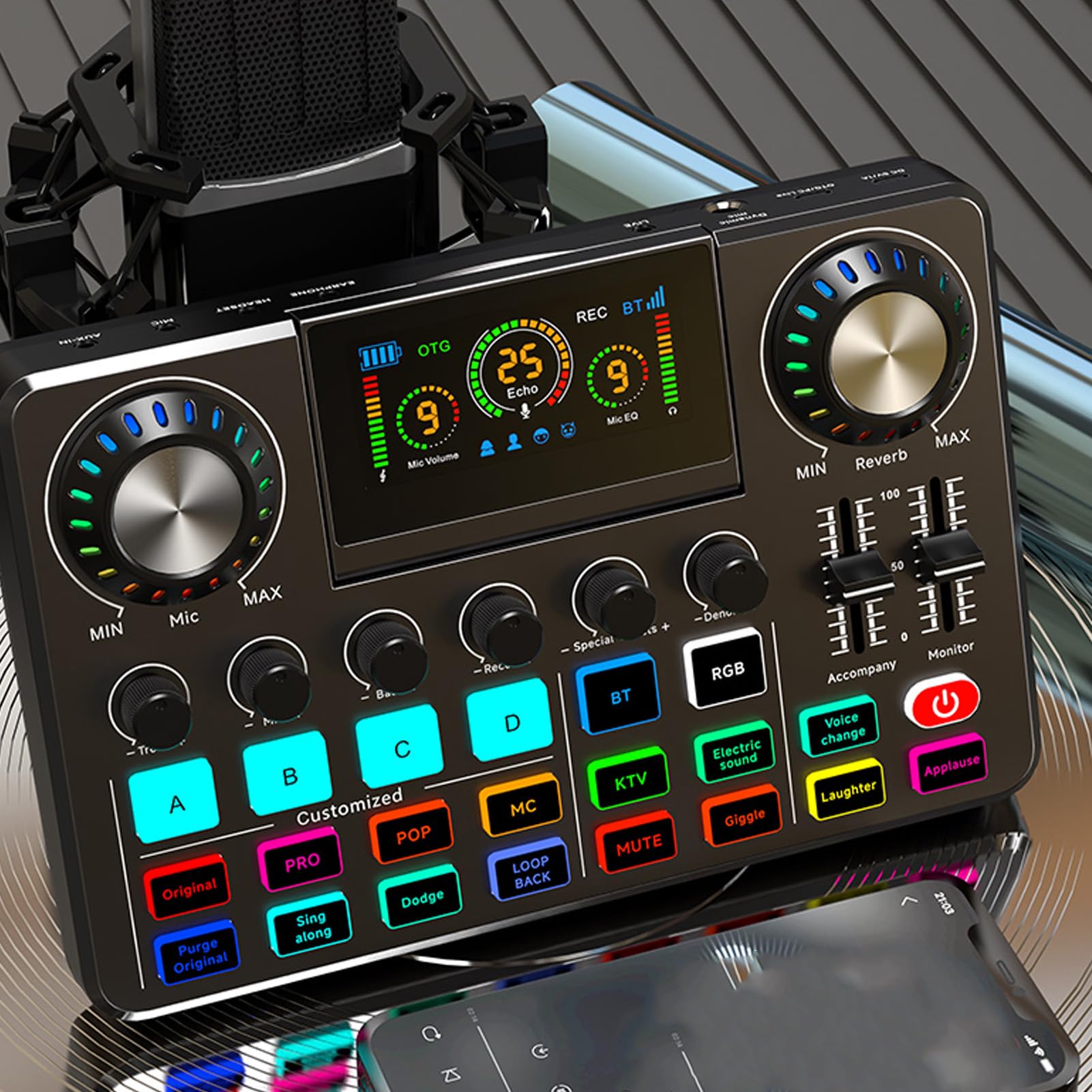 Asixxsix Gaming Audio Mixer, Mały Sprzęt Podcastowy na żywo Karta Dźwiękowa z Regulowanym Ekranem LED Profesjonalny Interfejs Dźwiękowy DJ Mikser Płyta Dźwiękowa do PC Telefon