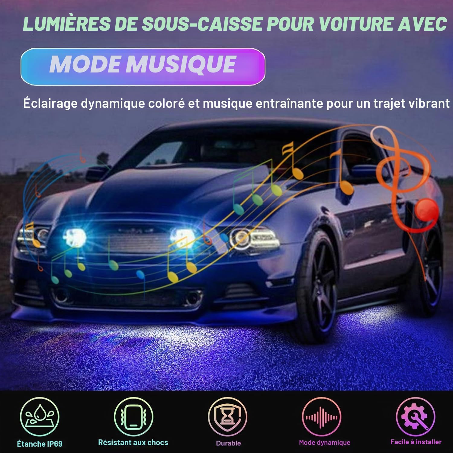Lot de 4 sous éclairage pour Voiture,16 Millions de Couleurs,contrôle par Application, synchronisation de la Musique, Bandes Lumineuses RGB étanches pour Voitures,SUV.