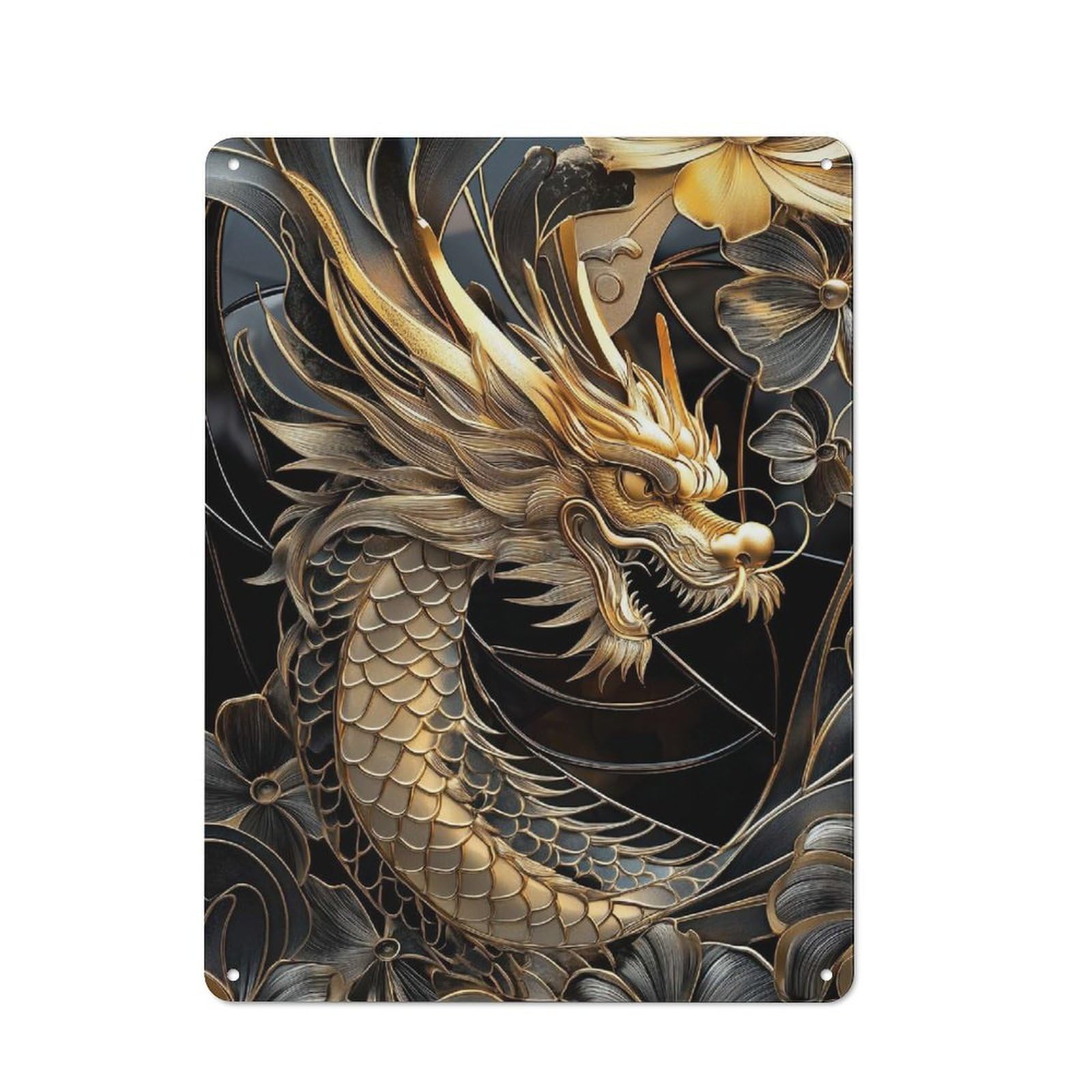 Junmoney Golden Dragon Majesty Printed Tin Plaque, Small Wall Accent For Coffee Corner, Diner Or Kitchen Decor, 40X30cm