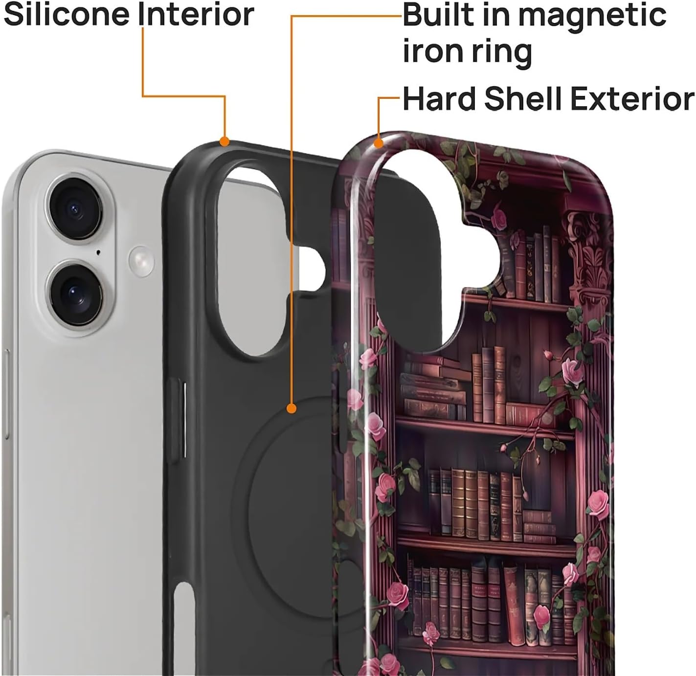 Magnetic Case for iPhone 17,Compatible with Magsafe PC Hard Shell Silicone Inner Bumper, Anti-Scratch Full-Body Cover Shockproof Slim Design Floral Bookish Dark image 2