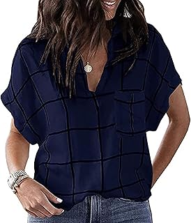 Camisa a Cuadros para Mujer Bolsillo Estampado Escote En V Manga Corta Primavera Verano Tops Casual Suelto