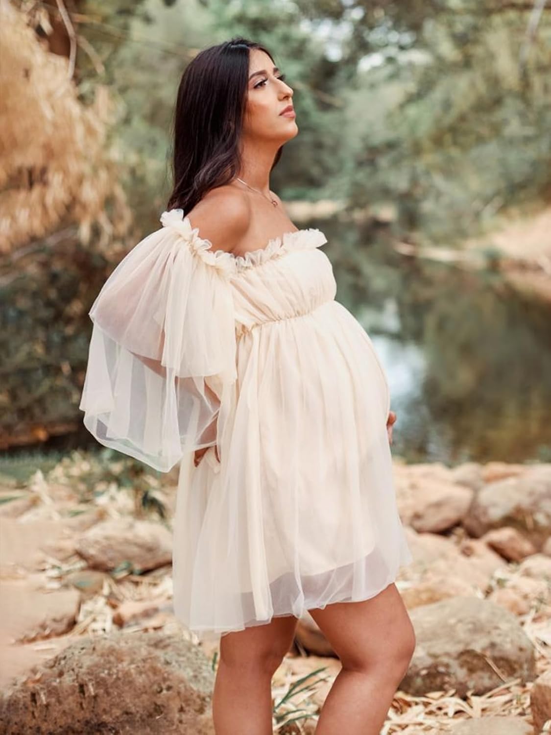 Short Tulle Maternity Dress for Photoshoot Puffy Sleeves A-Line Pregnancy Gown LU189