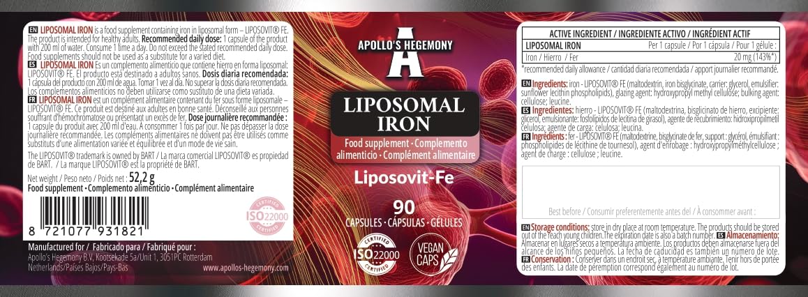 Fer liposomal 20 mg - 90 gélules végétaliennes - Fer à haute absorption avec Liposovit®-Fe - Soutien cognitif - Approvisionnement pour 3 mois - Par Apollo's Hegemony