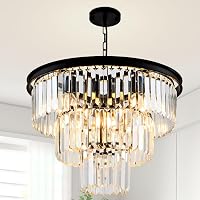 HCCZLighting 8-Light Modern Black Crystal Chandelier 20'' 3-Tier Round Pendant, Adjustable Height E12 for Dining Room, Living Room, Foyer