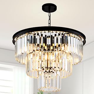 HCCZLighting 8-Light Modern Black Crystal Chandelier 20'' 3-Tier Round Pendant, Adjustable Height E12 for Dining Room, Living Room, Foyer