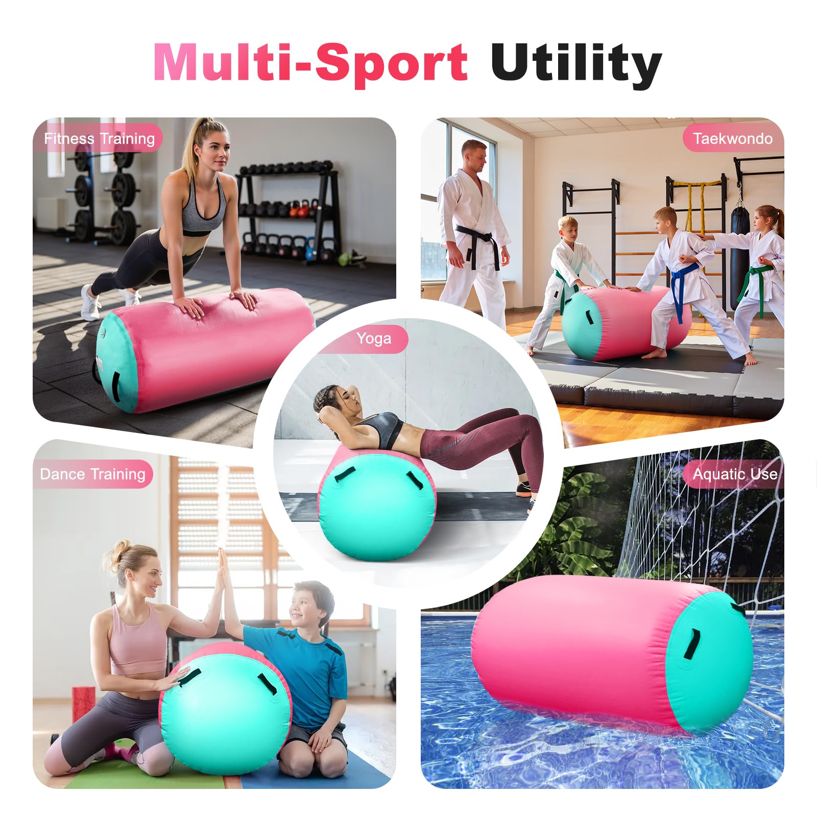 Aufblasbare Air Barrel Rolle mit 600W Elektro-Luftpumpe | Gymnastikmatte, Yoga Rolle, Tumbling Matten für Turnen, Fitness, Balance Training | Inkl. Tragetasche