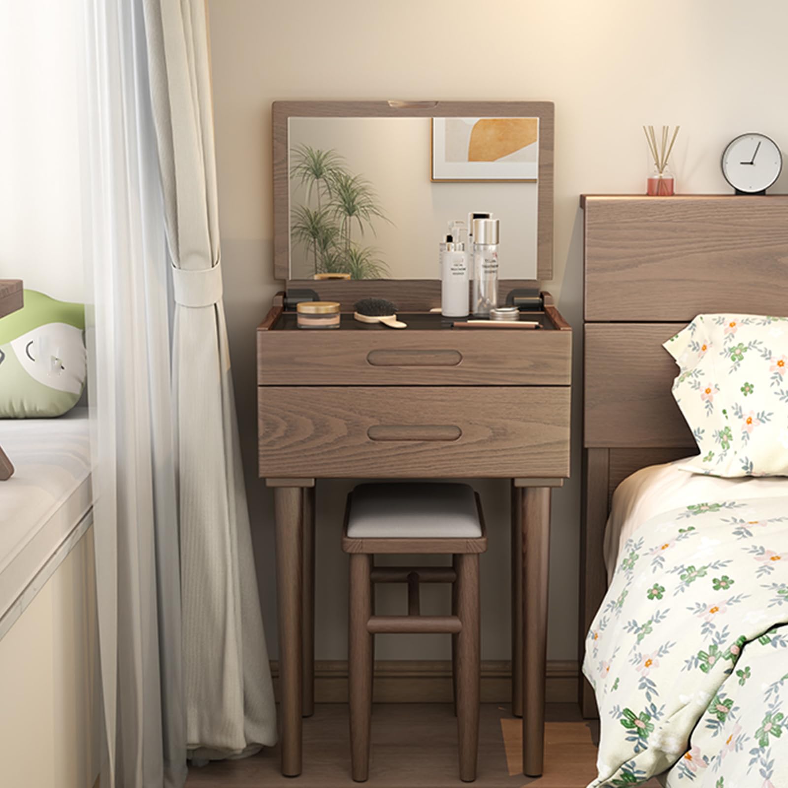 asdchZen Vintage Makeup Vanity Table Set With Mirror & Cushioned Stool, 2-Drawer Dressing Table For Small Spaces, Walnut Wood Bedroom Furniture, Compact Design,M-50cm