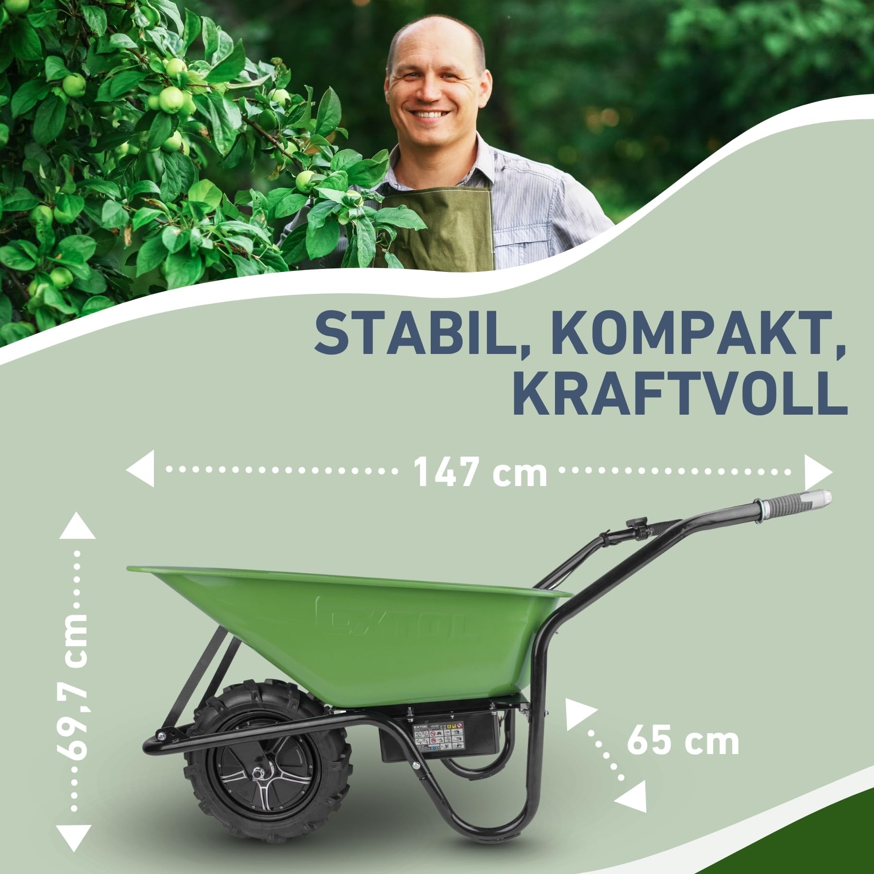 Extol Craft elektrische Schubkarre mit Akku, 500 W, 80 L Mulde & 150 kg Traglast, leistungsfähige Motorschubkarre, Offroad-taugliche Akkuschubkarre, mit Zwei 12V Blei Batterien
