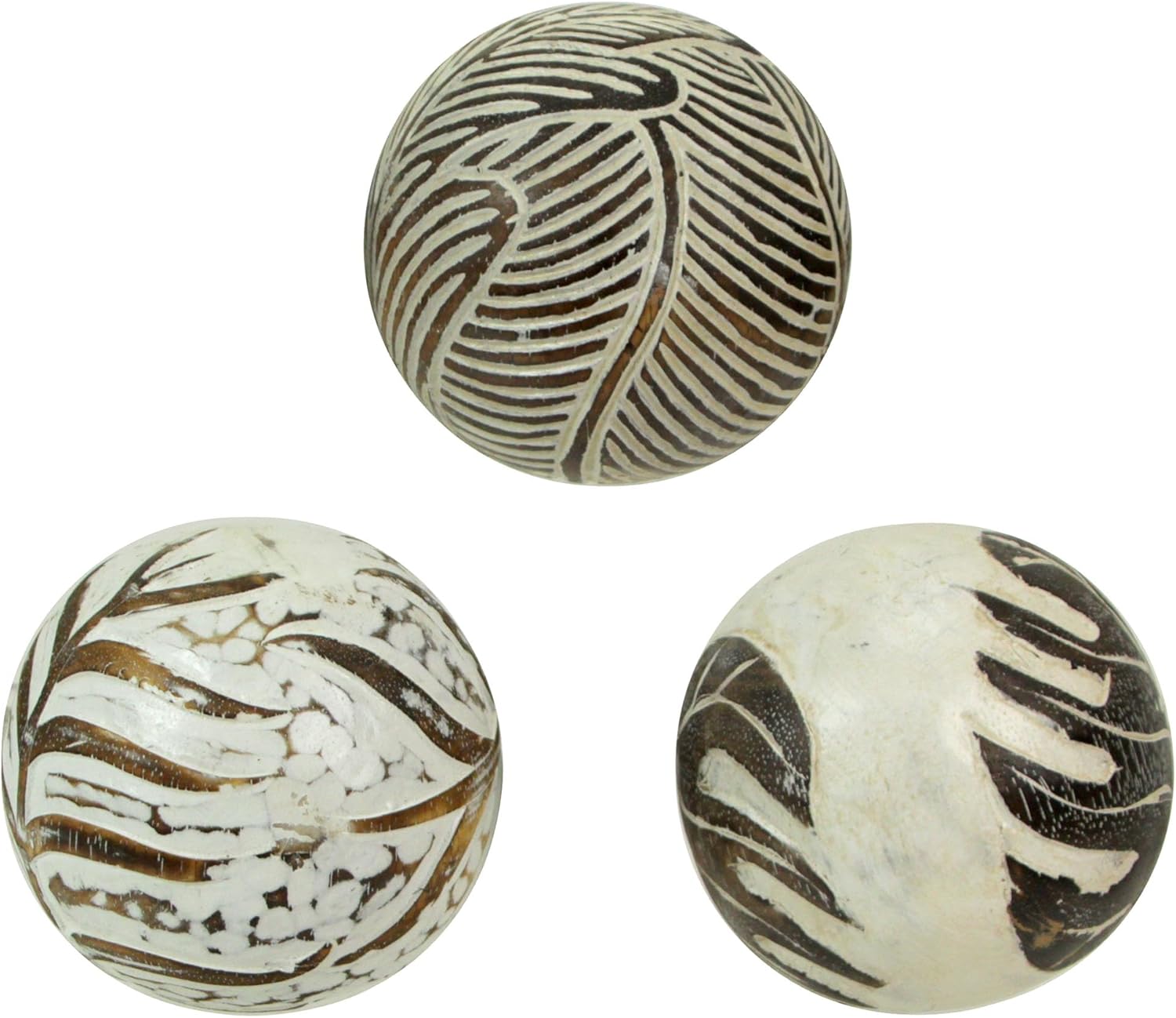 Set of 3 Whitewashed Carved Tropical Leaf Solid Wood Decor Balls for Centerpieces and Tabletop Displays 4 Inch Diameter