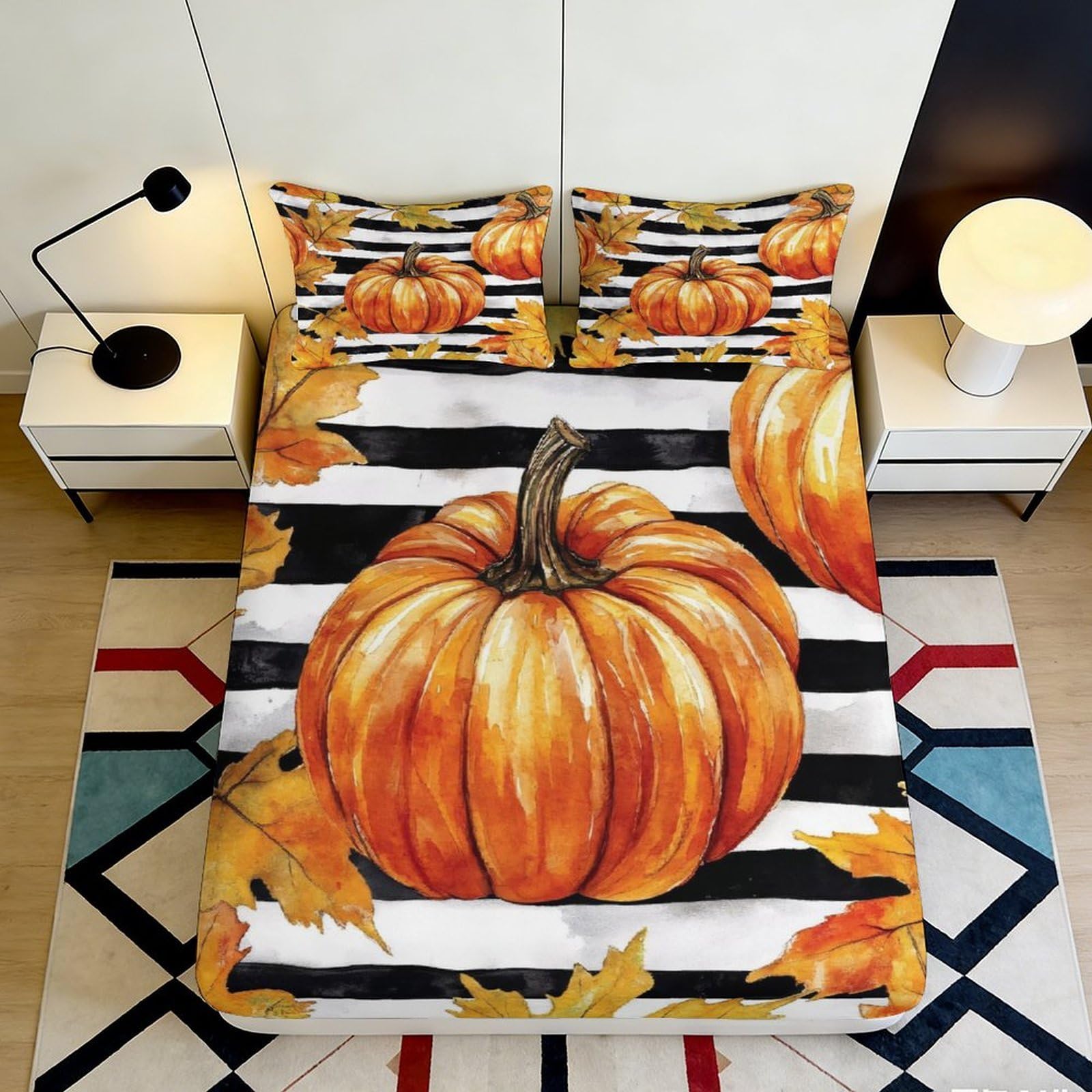 3D Printed Autumn Pumpkin Fitted Sheet Microfiber Soft Breathable Striped Bed Cover for Bedroom Dormitory Guest Room Mattress Protection 140x200x25cm