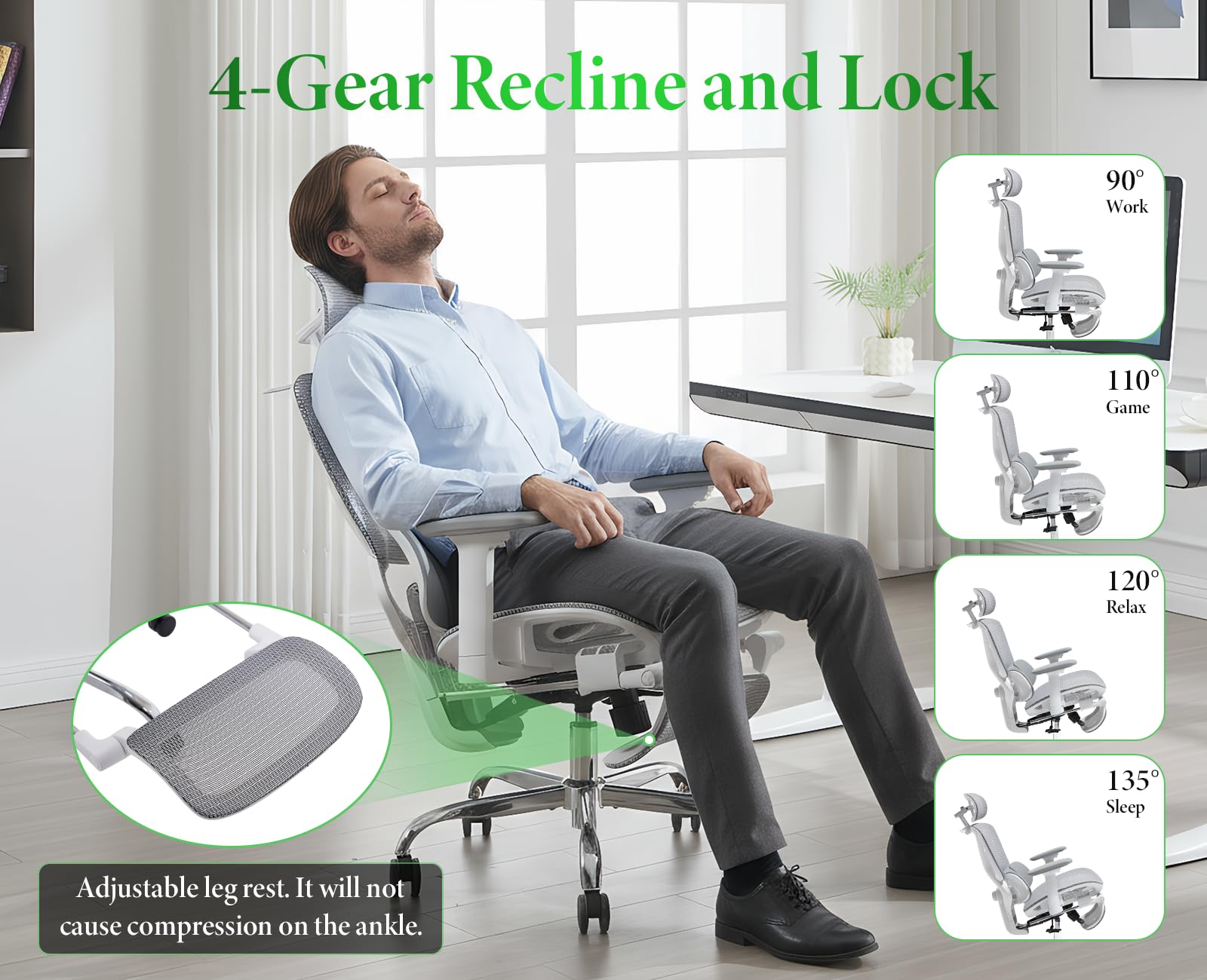 Silla de oficina ergonómica con reposacabezas ajustable, soporte lumbar, reposabrazos abatible, reposapiés giratorio, silla de computadora para el hogar, estudio, trabajo, color gris