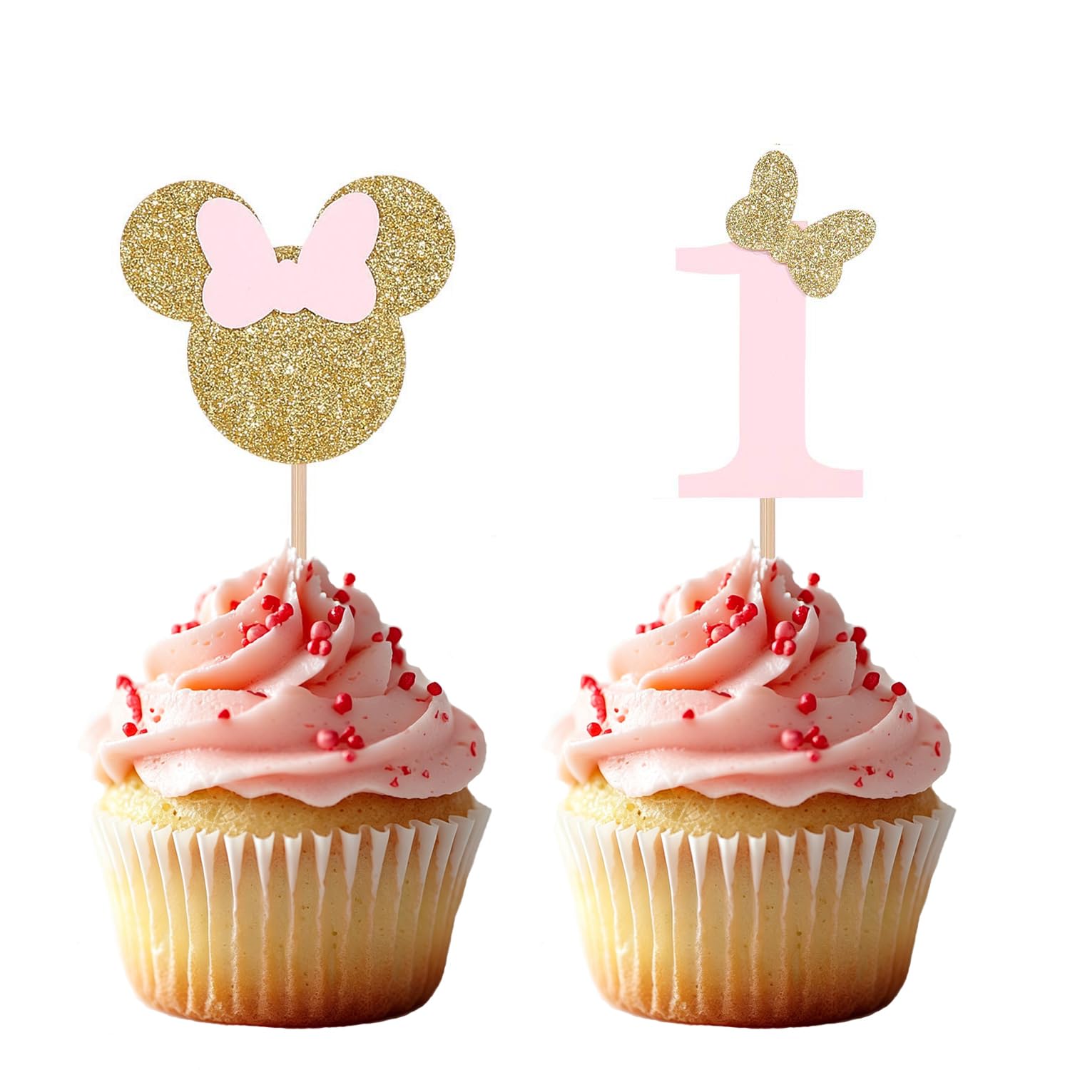Minnie Mouse Inspired First Birthday Party Picks - Pink and Gold Baby Girl Cupcake Toppers - Set of 24