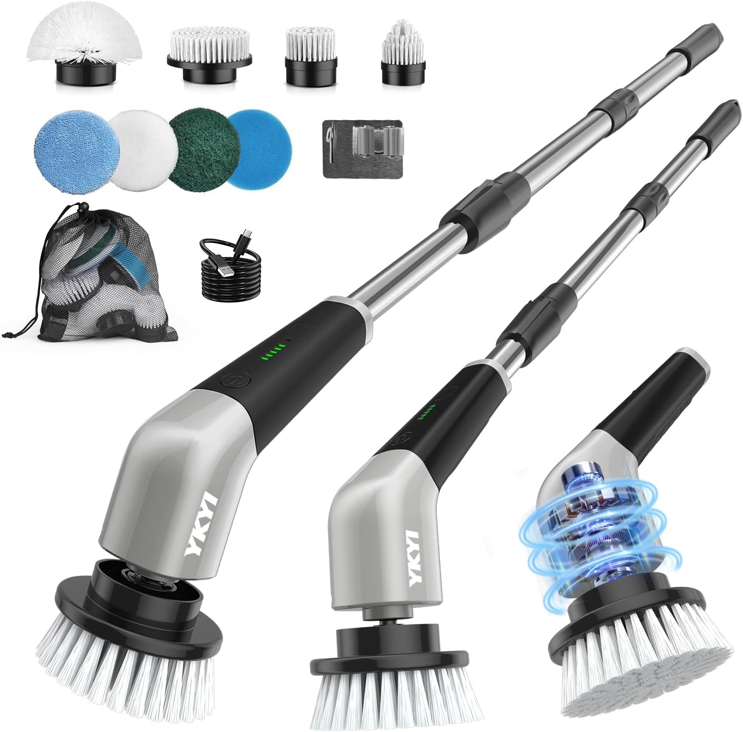 YKYI Electric Spin Scrubber, Cordless Bathroom Scrubber, 8 Brush Heads | 2 speeds, up to 100 min runtime, 12–43.3 in handle and IPX7 design for tubs, tile and grout
