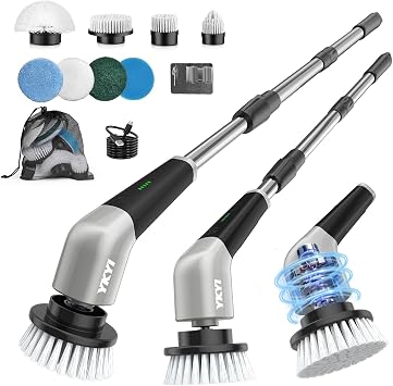 YKYI Electric Spin Scrubber, Cordless Power Scrubber Cleaning Tool with 8 Replaceable Heads and Extension Handle for Bathroom, Tub, Tile, Floor, Grout and Car Gray