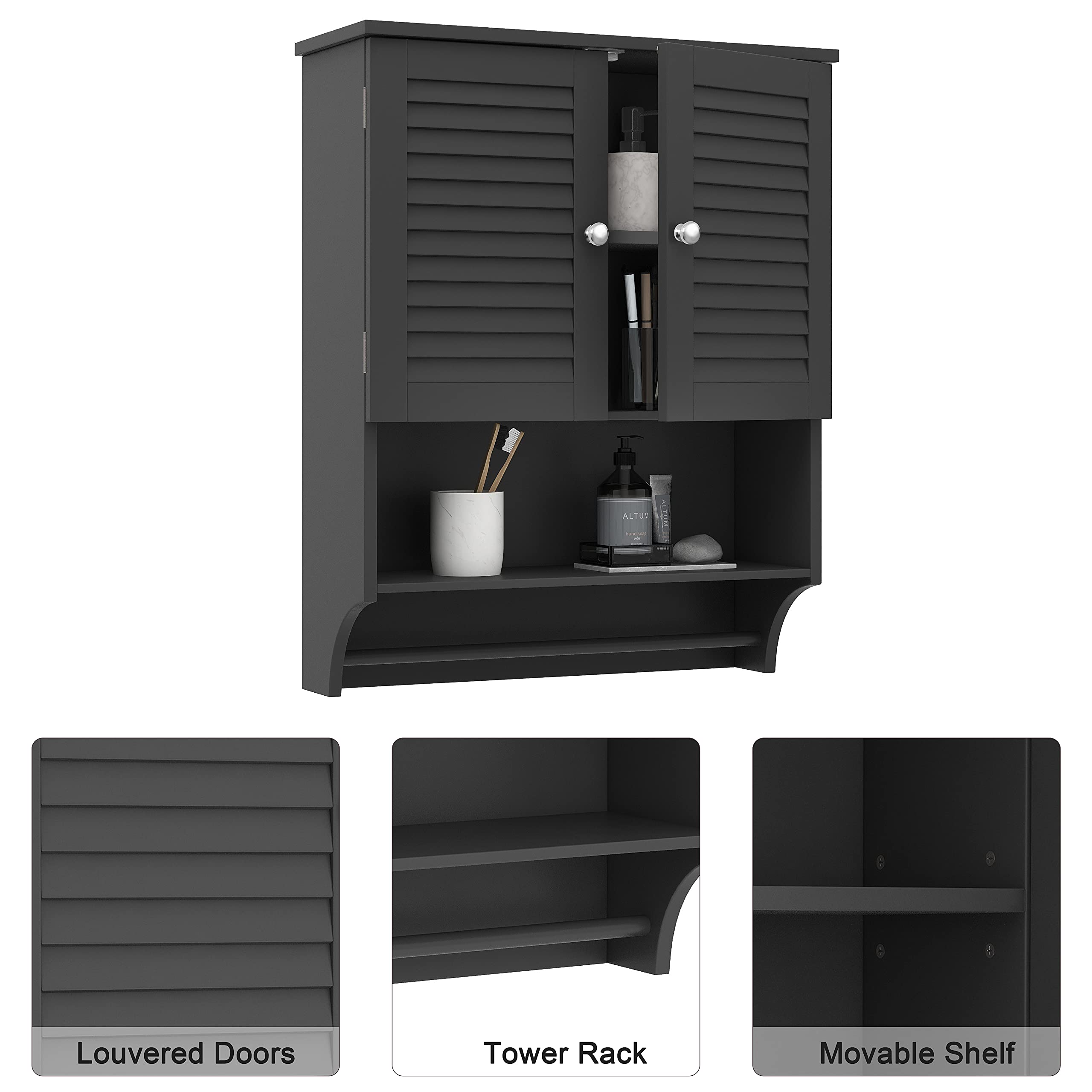 ChooChoo Bathroom Medicine Cabinet 2-Door Wall Cabinet Wood Hanging Cabinet with Adjustable Shelves and Towels Bar (Black)