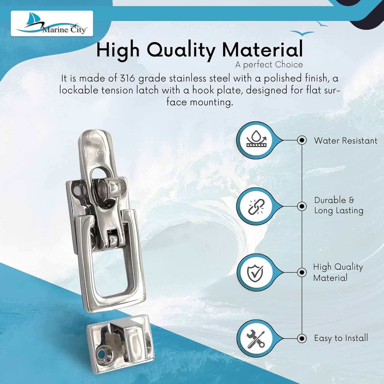 MARINE CITY Clamp Locking Cam Latches, 316 Grade Stainless Steel, Polished Finish, Corrosion-Resistant, 6 Fixing Points, Screw Hole Diameter 0.17 Inches, Ideal for Yachts, Boats