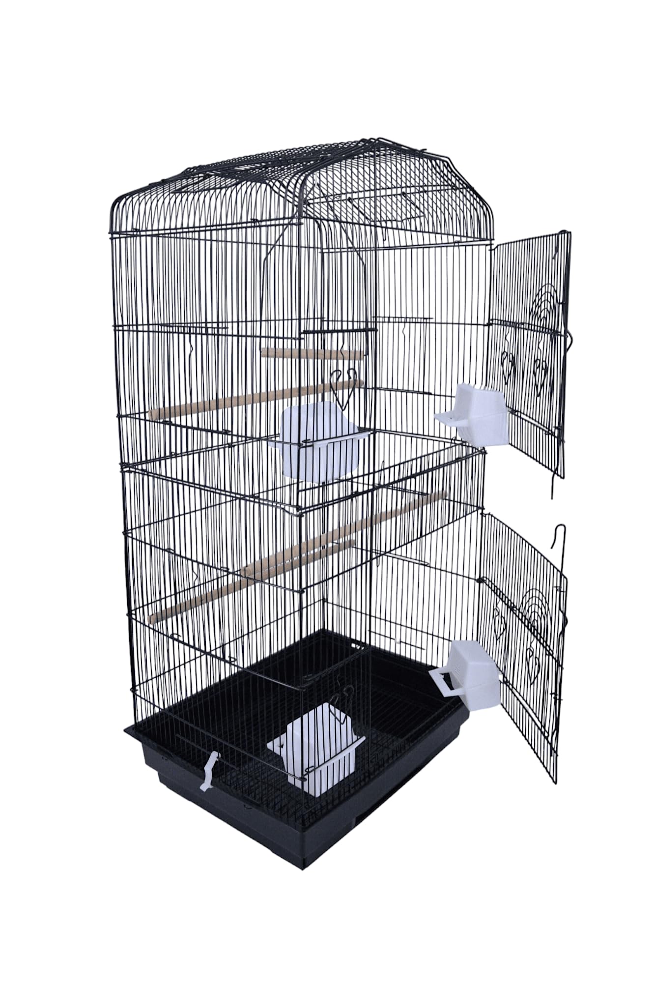 Pet's Solution - Gabbia per Uccellini Accessoriata con Tetto Apribile, 4 Mangiatoie, 3 Posatoi, 1 Trespolo Esterno, 1 Altalena, Vassoio Estraibile e Varie Aperture - 47x36x102h cm (NERO)